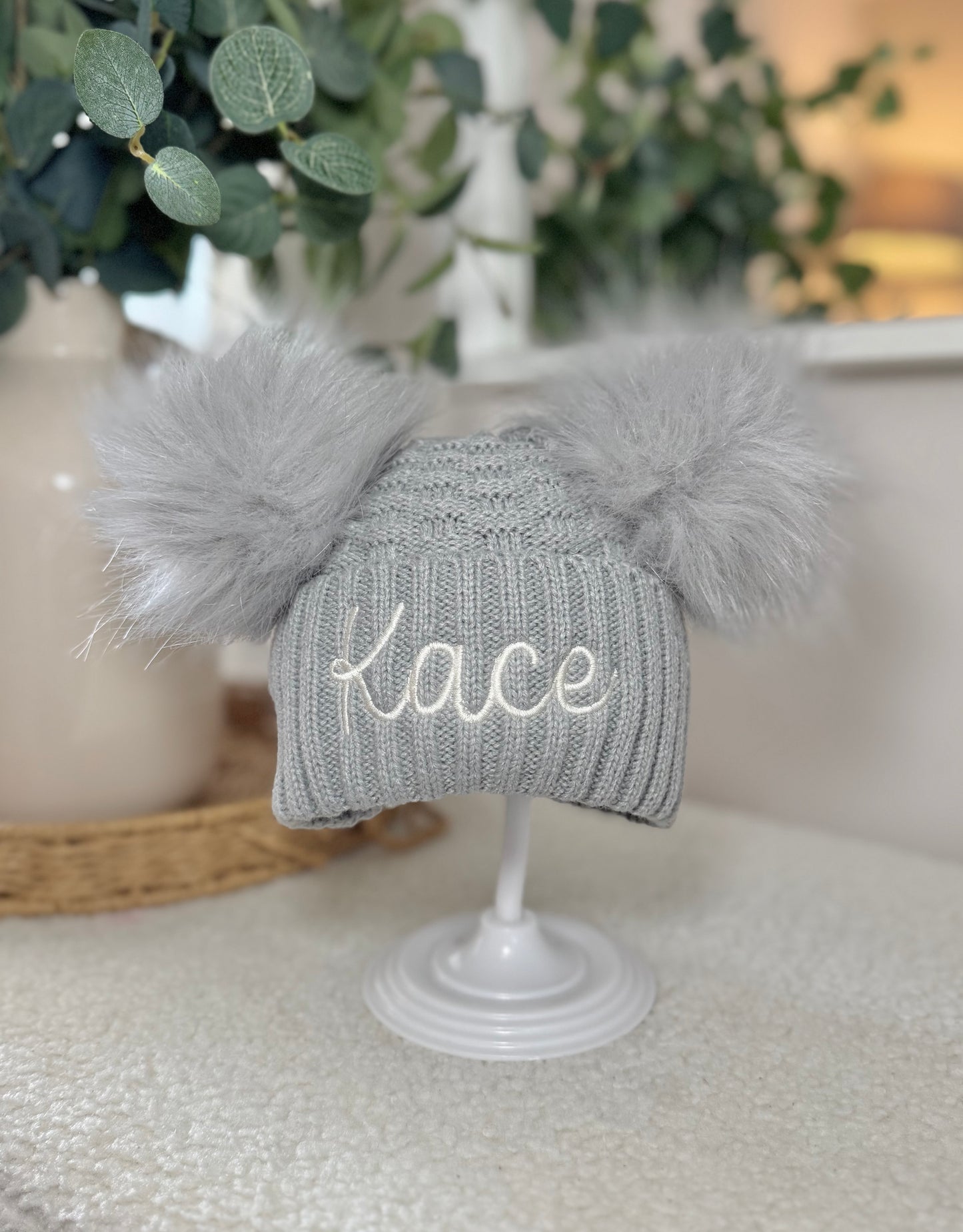Personalised Double Pom Winter Hat with Embroidered Name - Grey