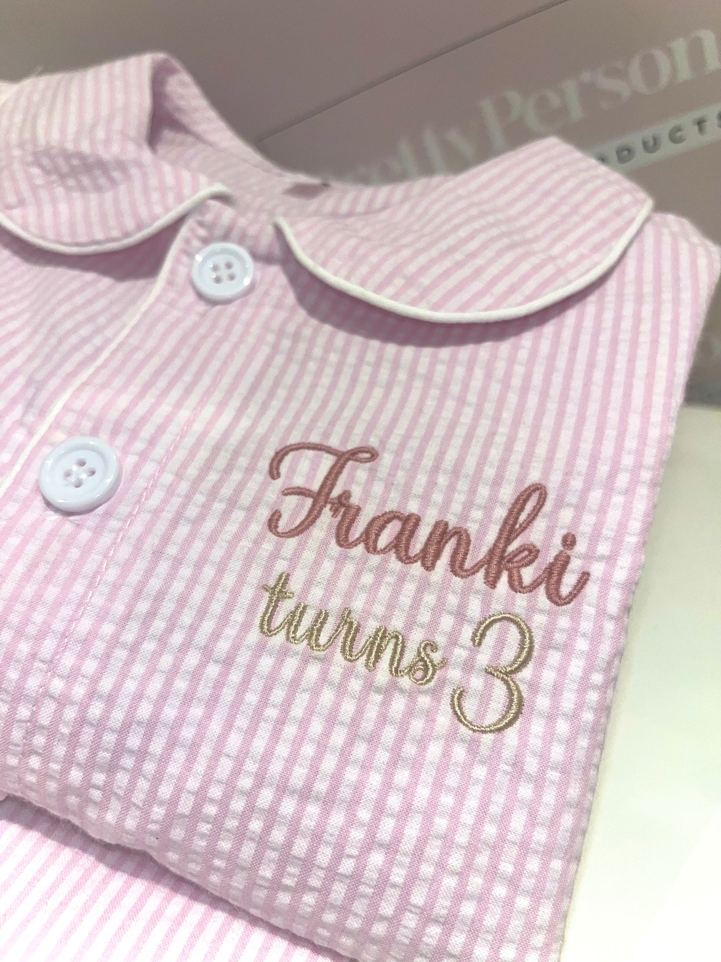 Girls Pink Pinstripe Pjs with frill detail