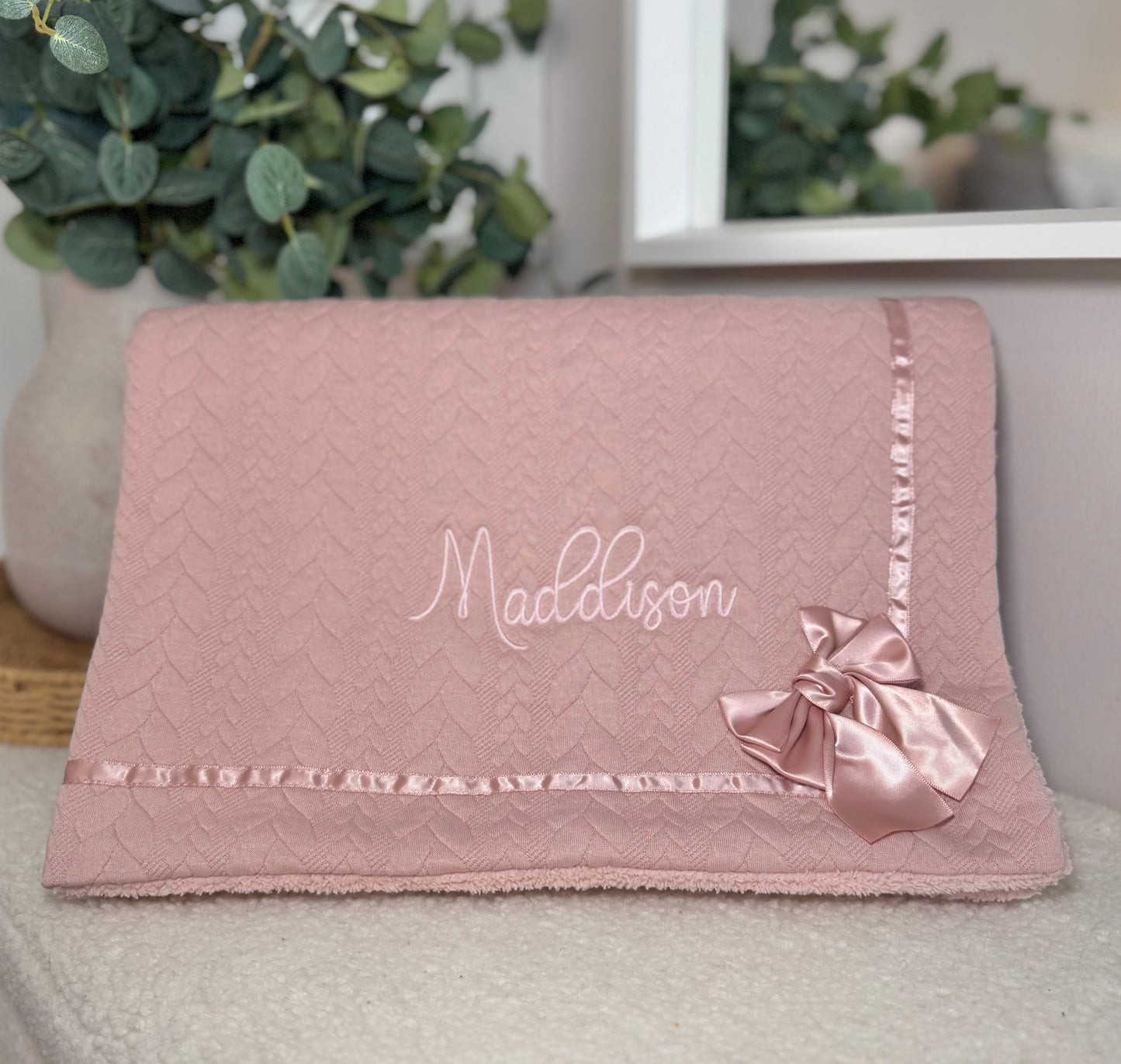 Sherpa Lined Chevron Knit Baby Blanket - Dusky Pink (Pink lined)