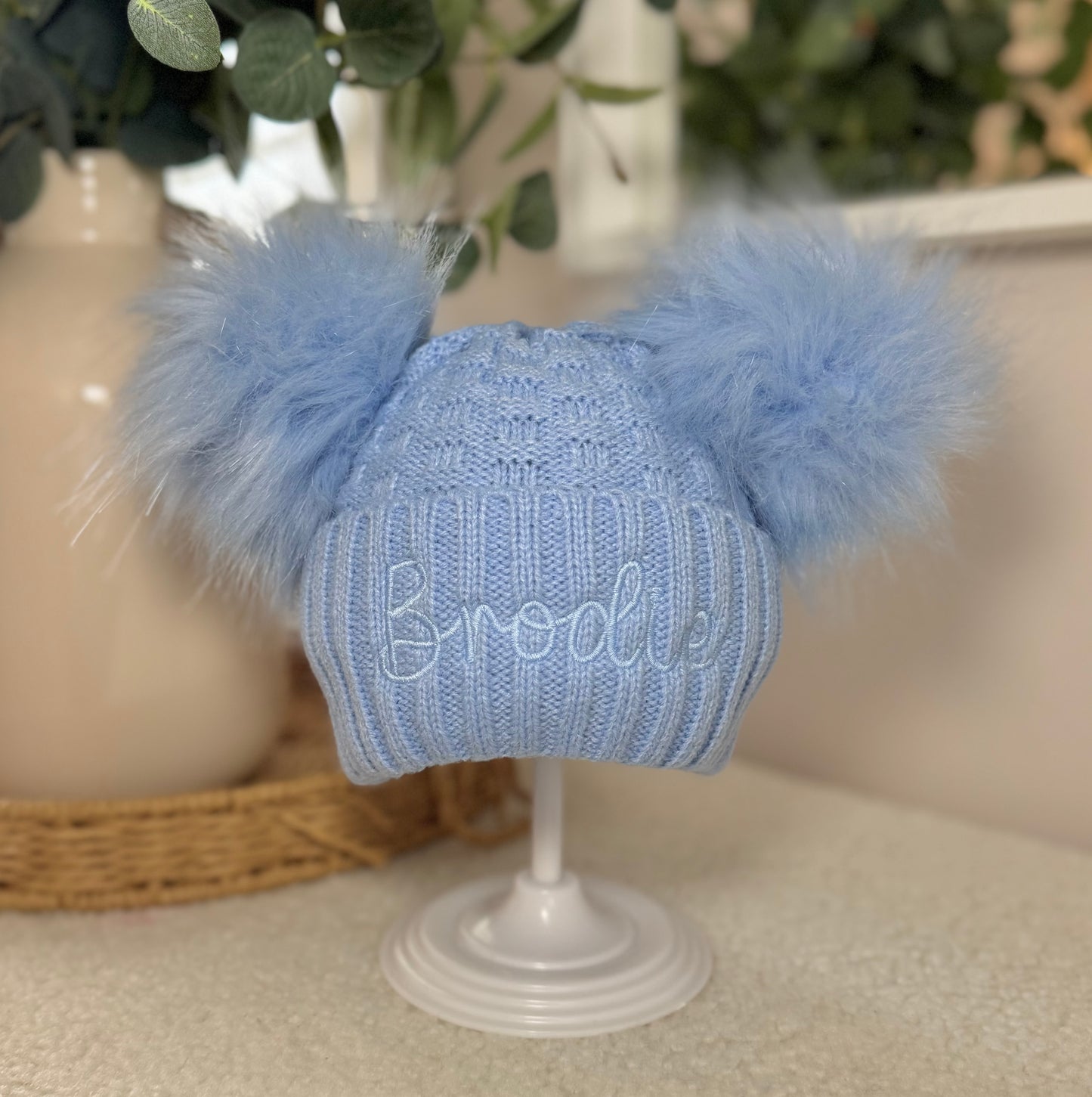 Personalised Double Pom Winter Hat with Embroidered Name - Blue