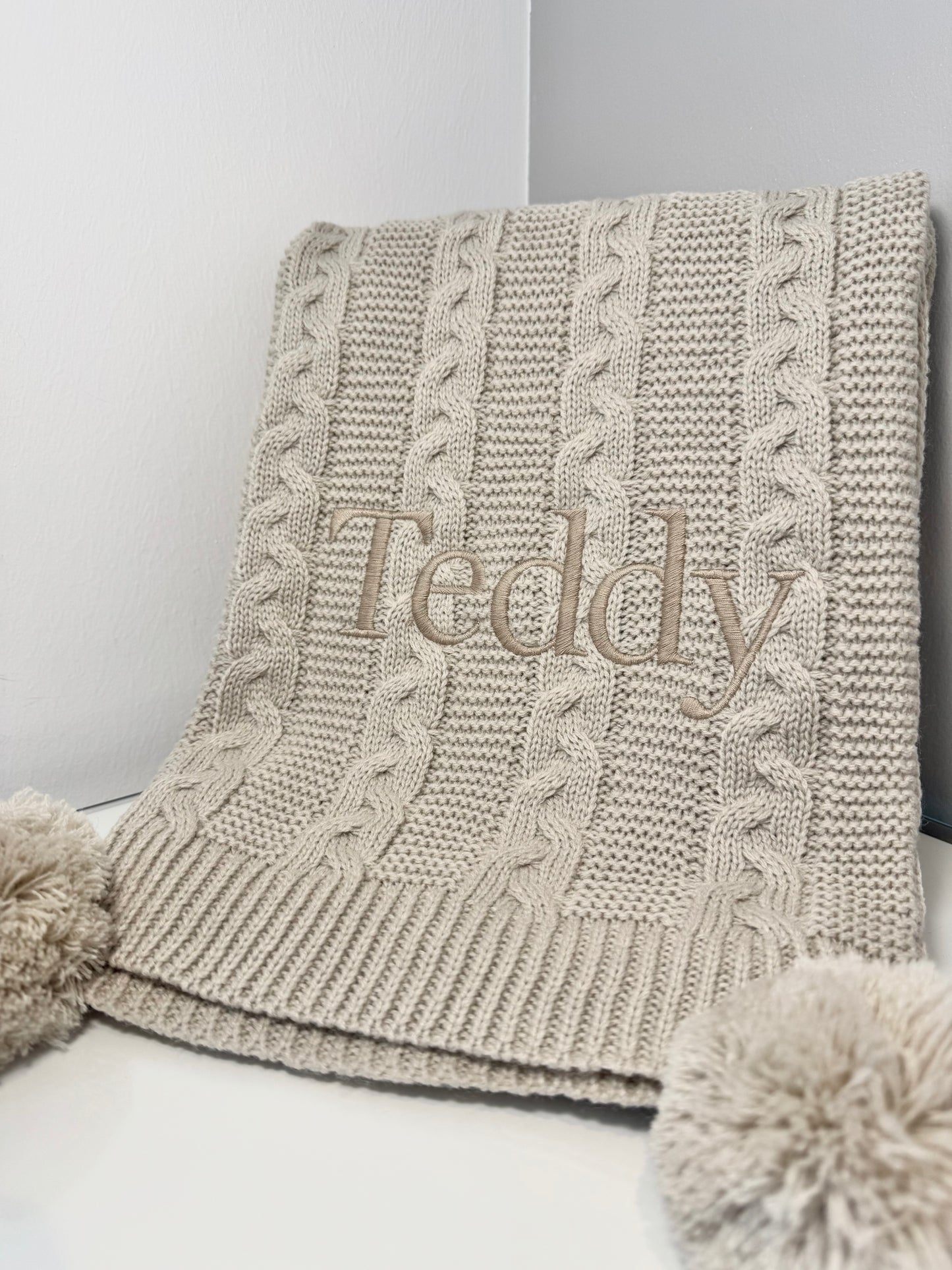 Personalised Double Pom Pom Knitted Blanket - Beige