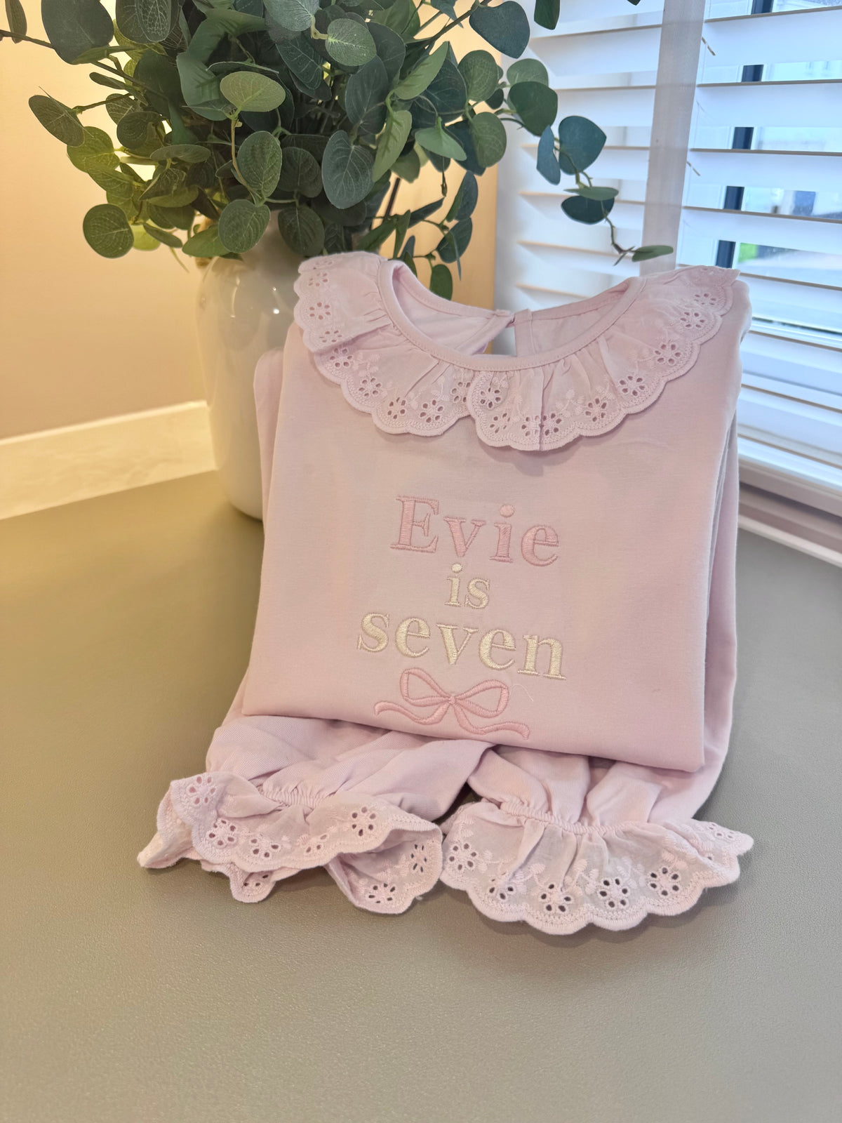 Personalised Girls Birthday Pjs | Pink | Frill collar and cuffs.