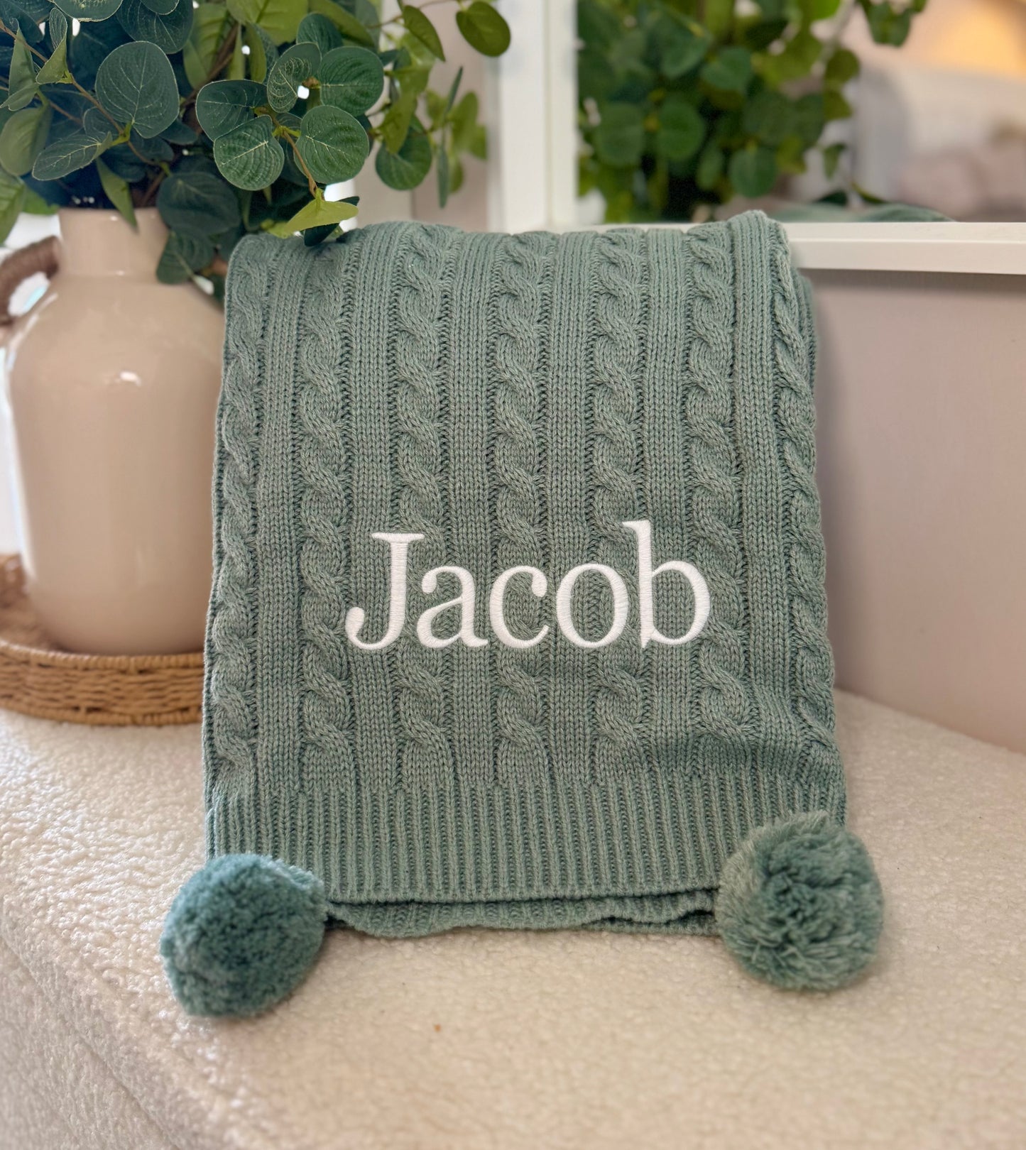 Personalised Double Pom Pom Knitted Blanket - Sage Green