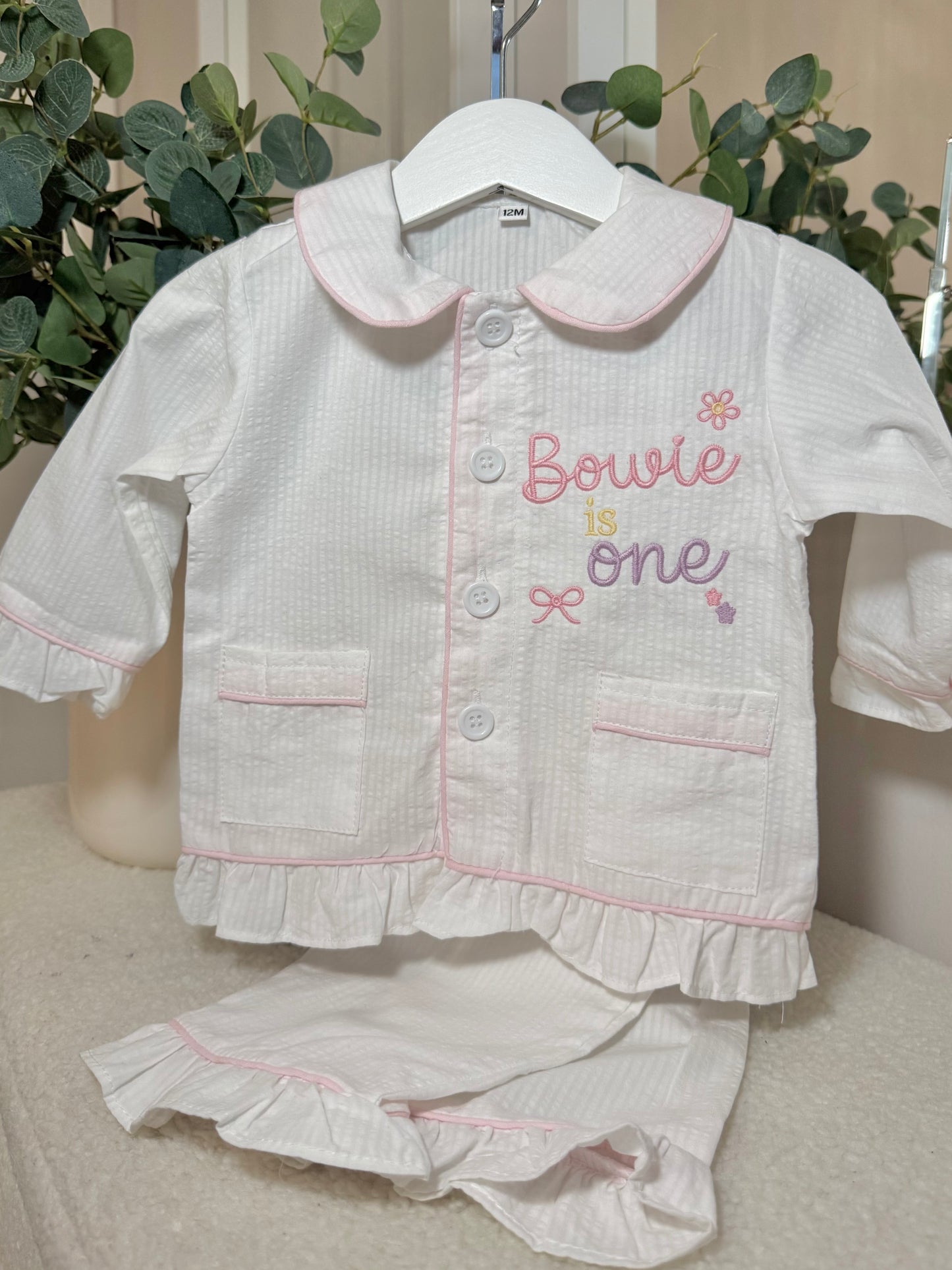 Girls White Frill Seersucker Pjs with pink lining