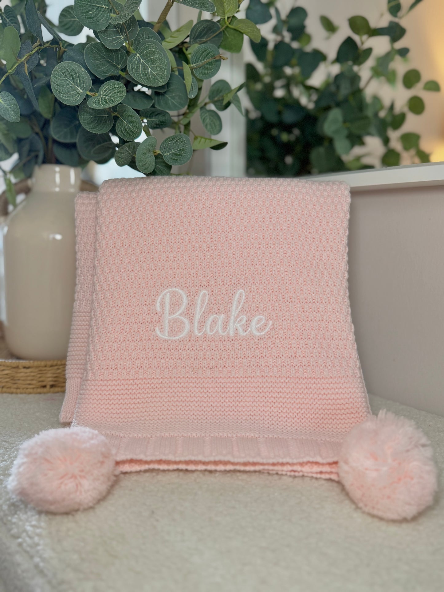 Personalised Double Pom Pom Knitted Blanket - Pink