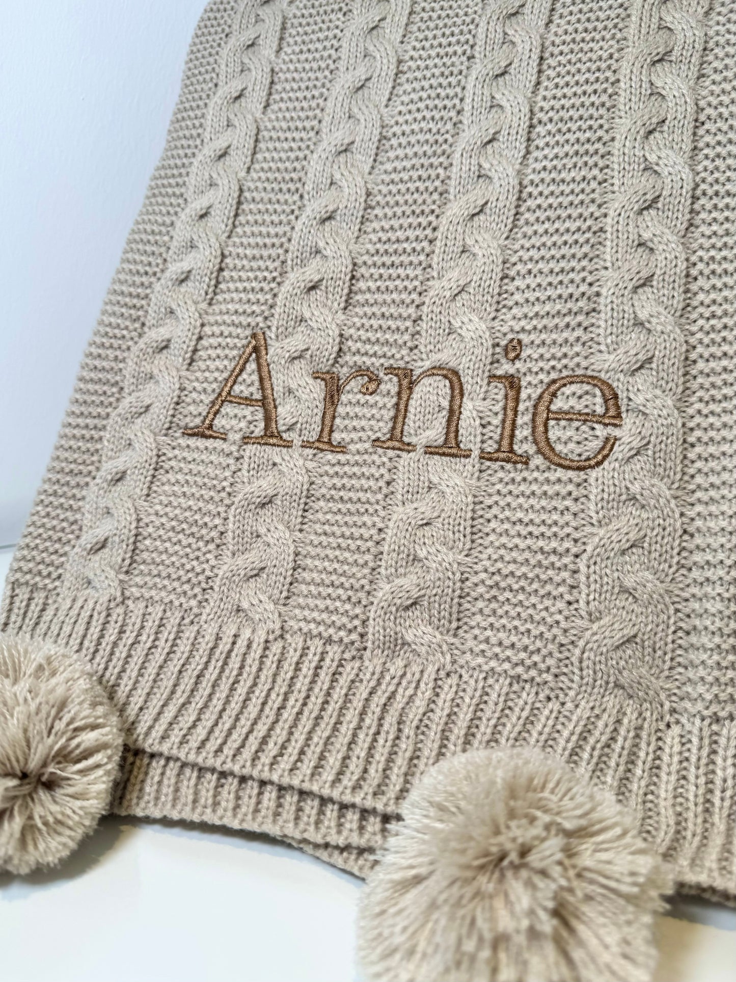 Personalised Double Pom Pom Knitted Blanket - Beige