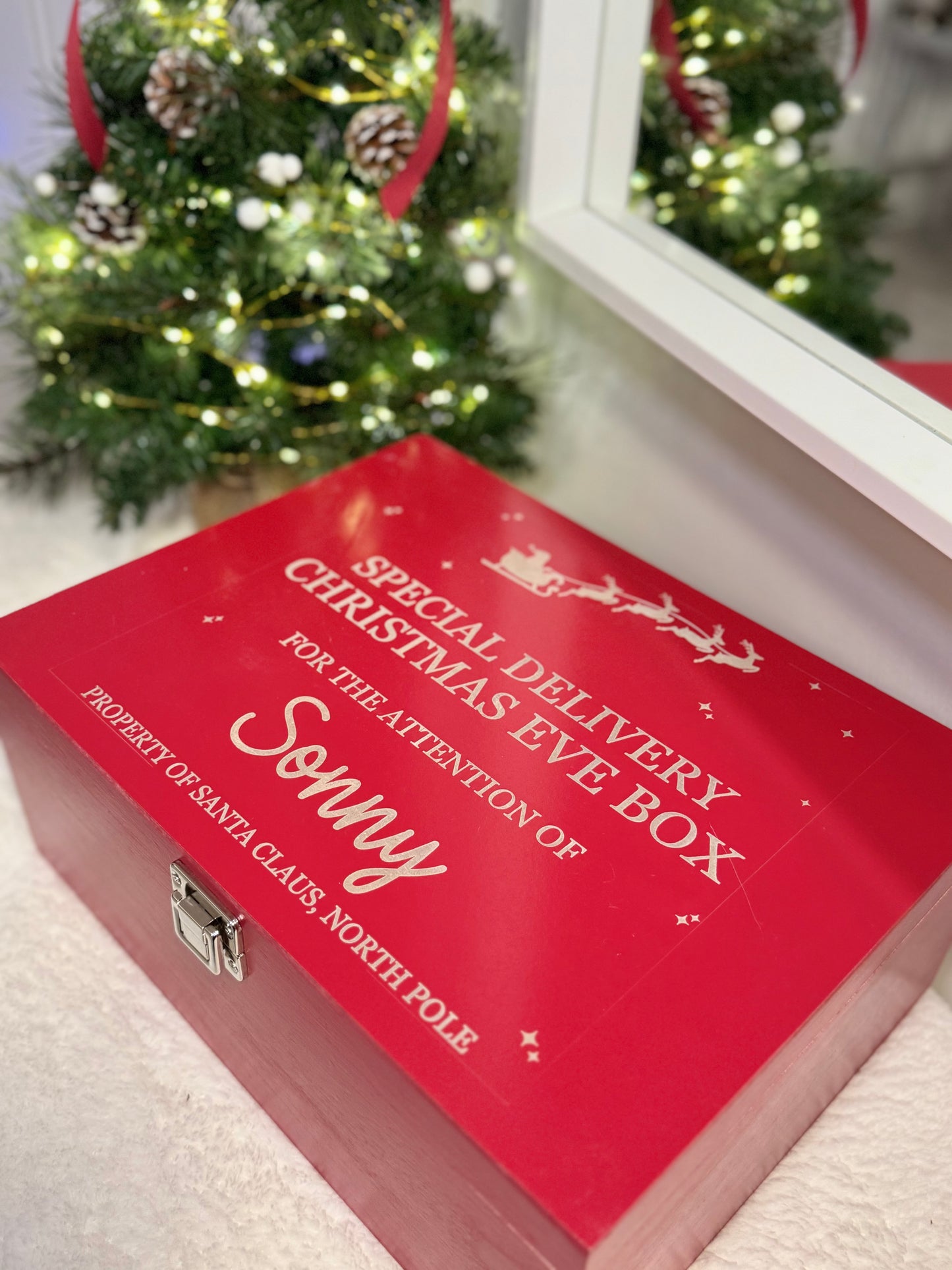 Red Wooden Christmas Eve Box - Laser Engraved