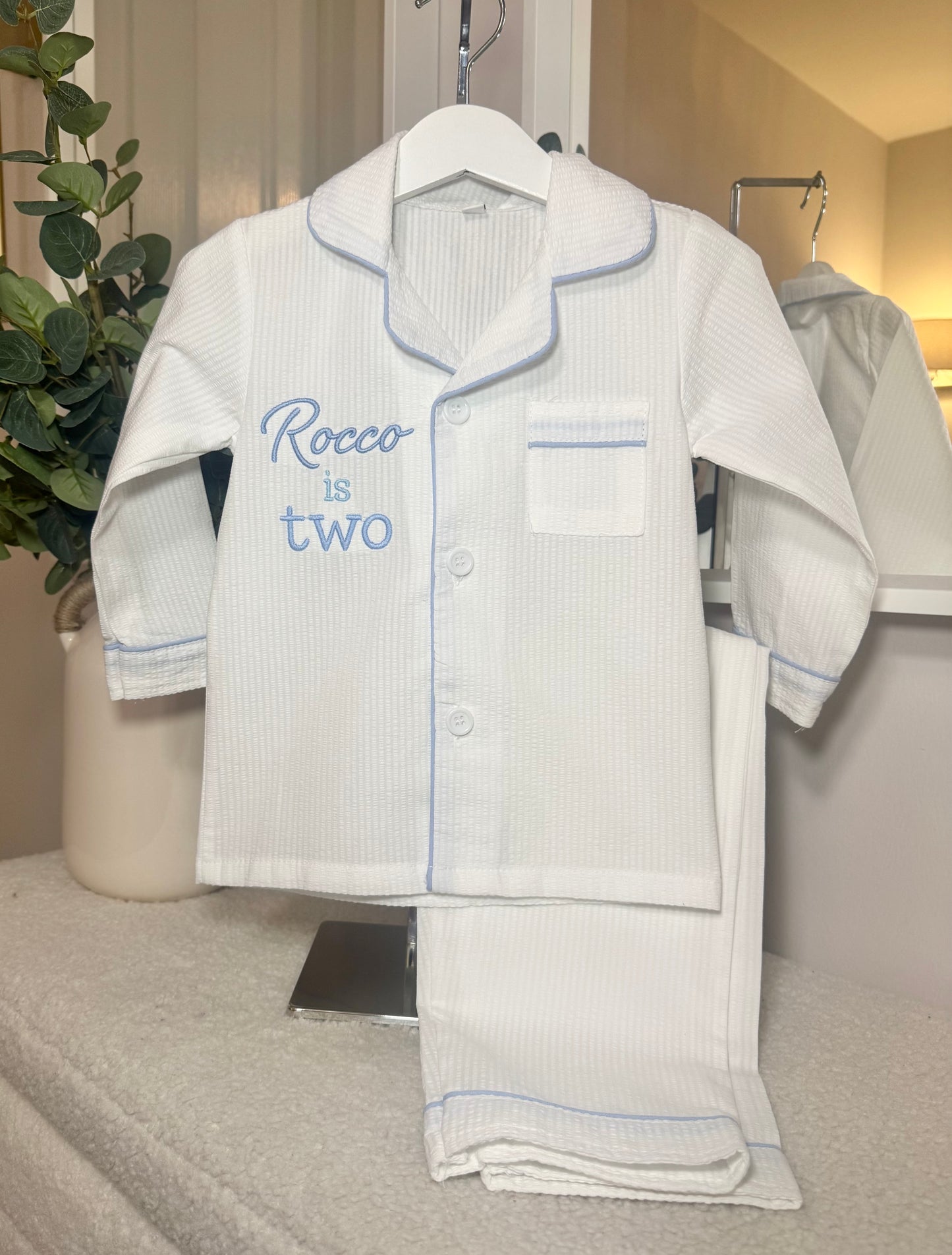 Boys White Seersucker PJs with Pale Blue Lining Detail