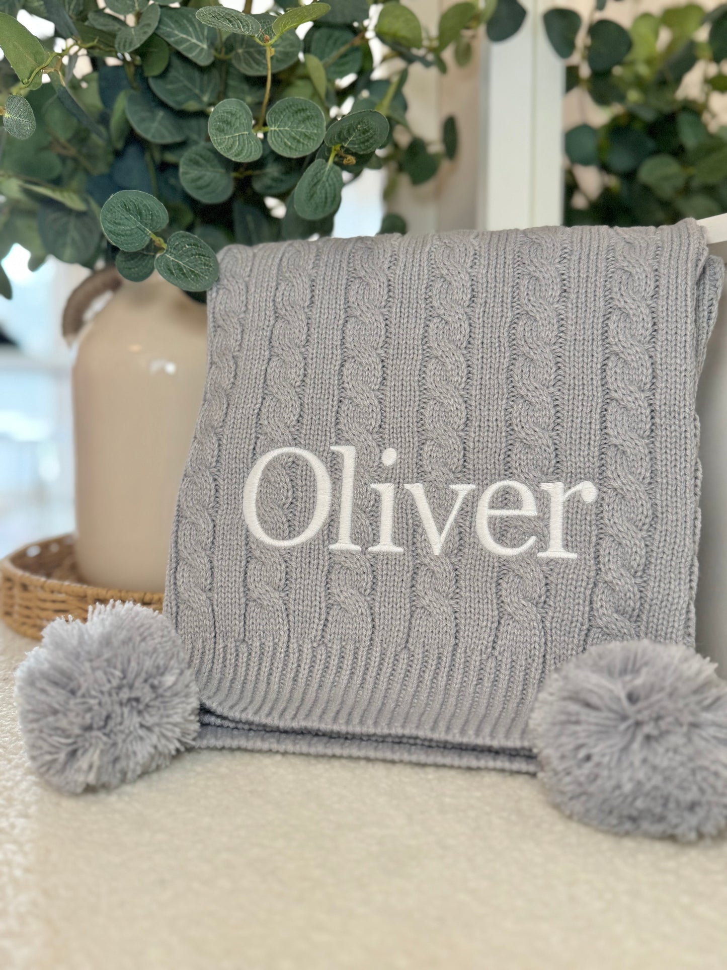 Personalised Double Pom Pom Knitted Blanket - Grey