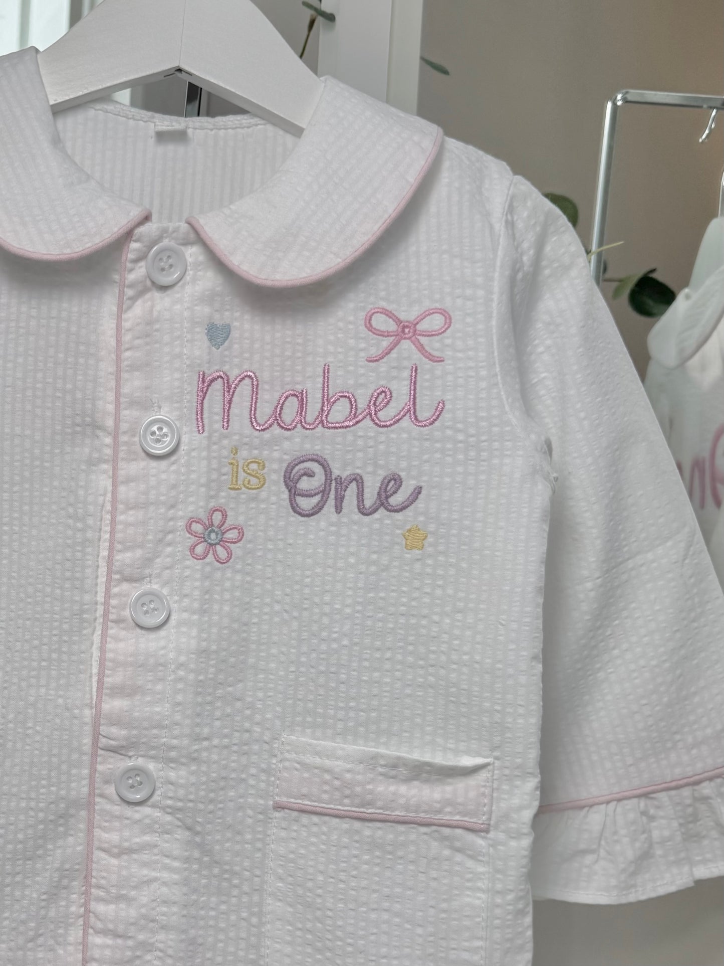 Girls White Frill Seersucker Pjs with pink lining