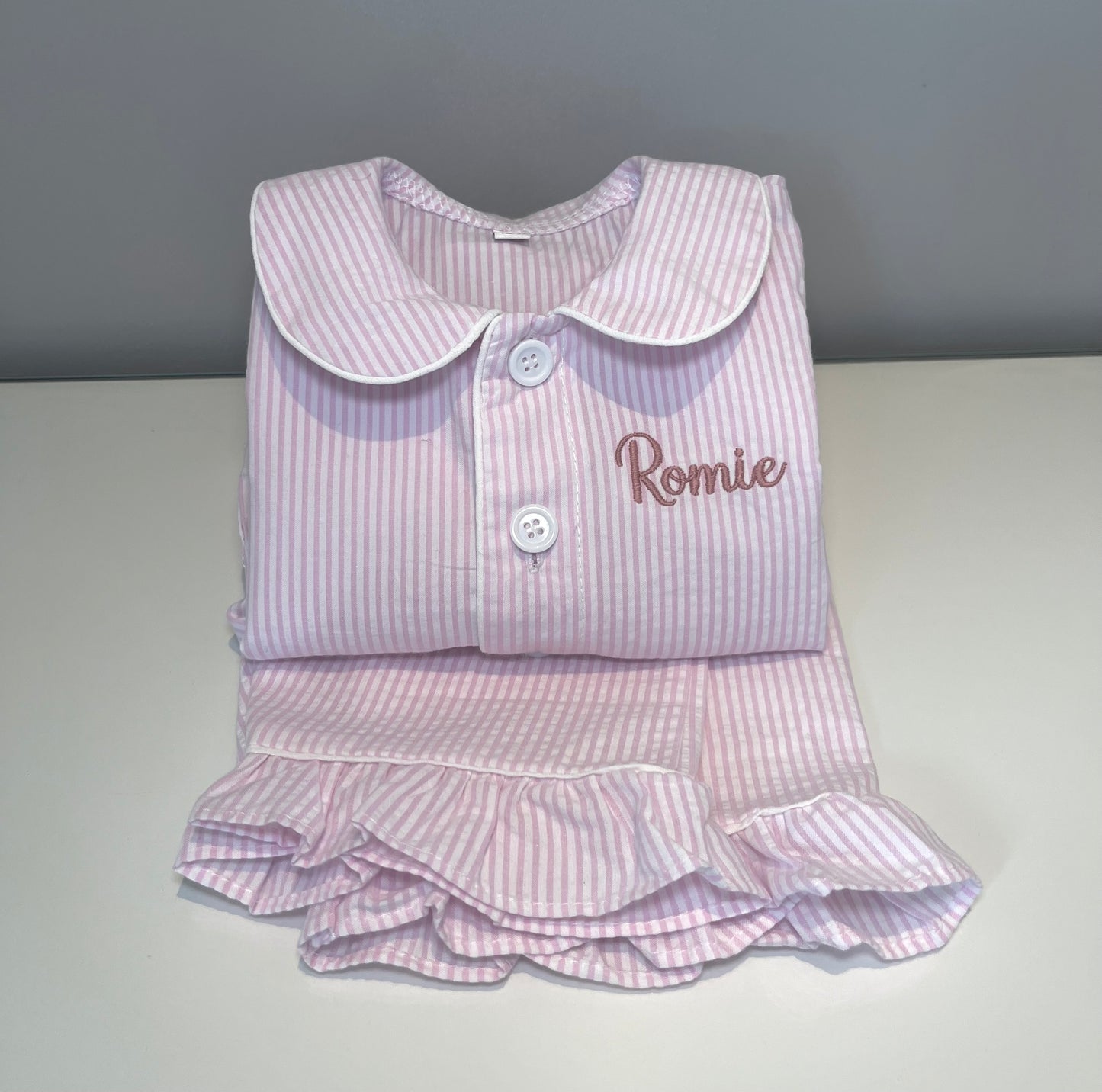 Girls Pink Pinstripe Pjs with frill detail