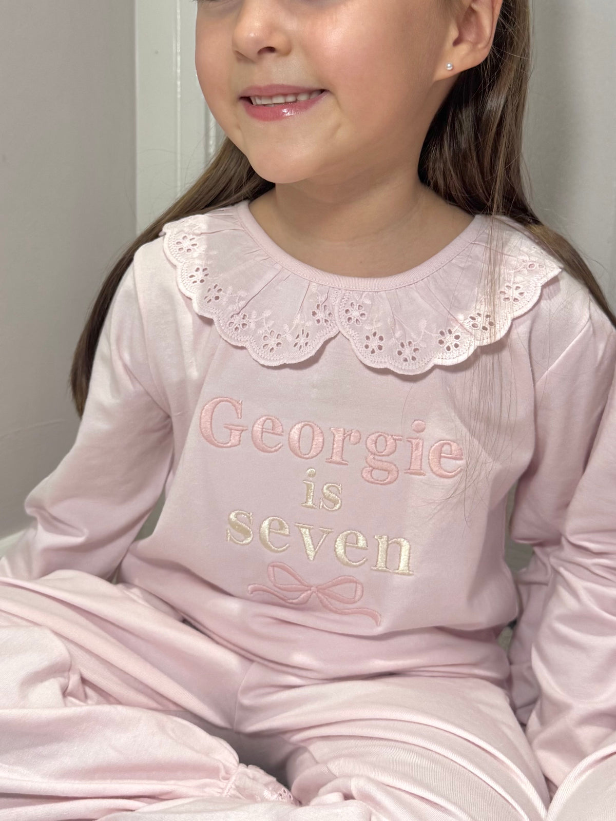 Personalised Girls Birthday Pjs | Pink | Frill collar and cuffs.