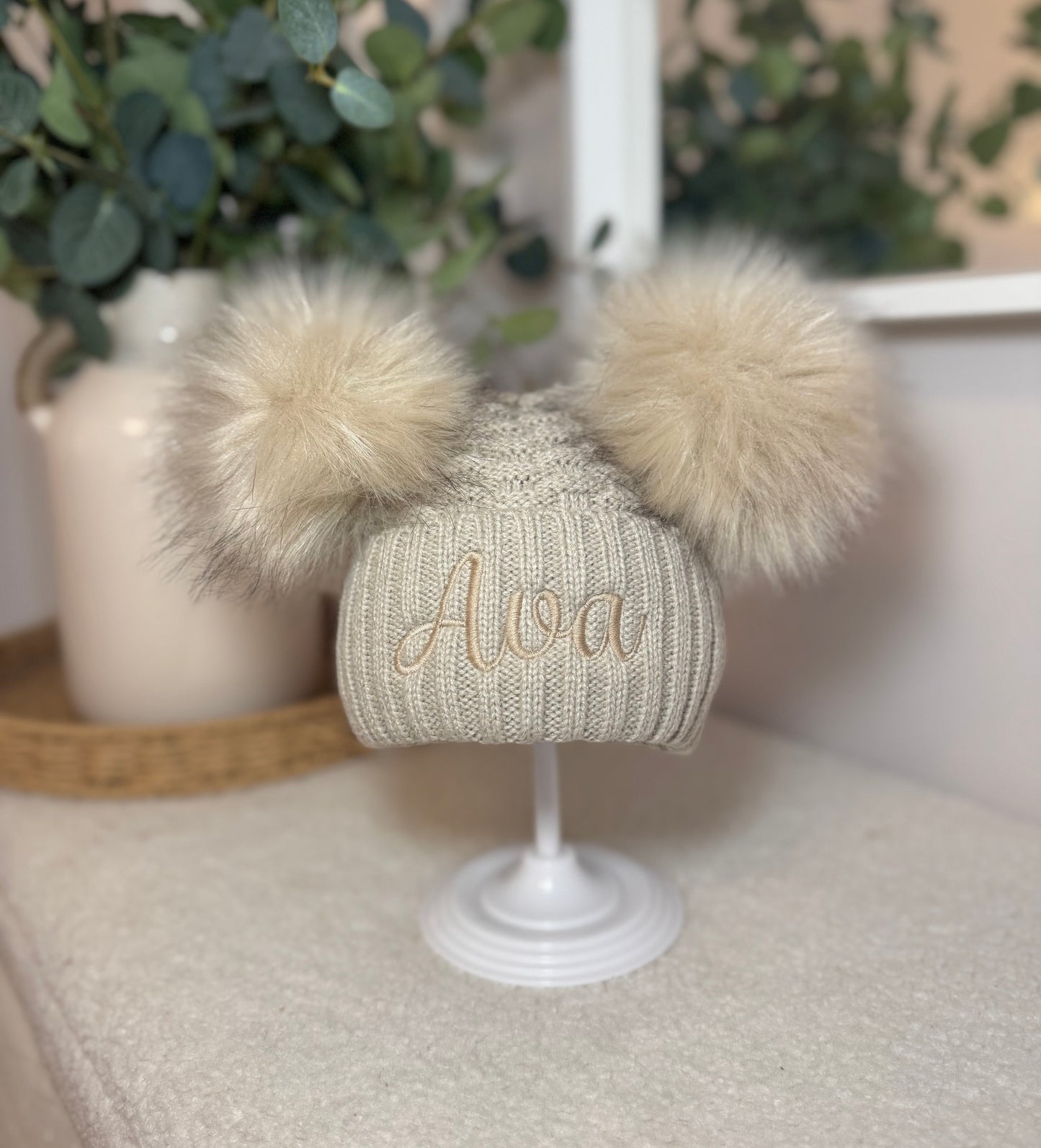 Personalised Double Pom Winter Hat with Embroidered Name - Beige