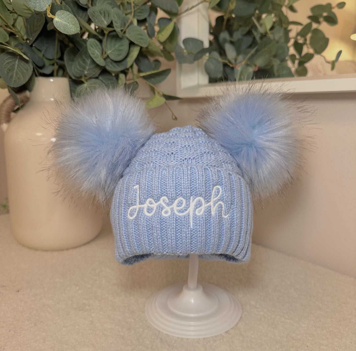 Personalised Double Pom Winter Hat with Embroidered Name - Blue