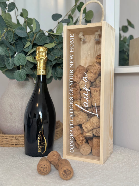 Personalised New Home/ Couples New Home Wooden Bottle Box with Clear Acrylic Front
