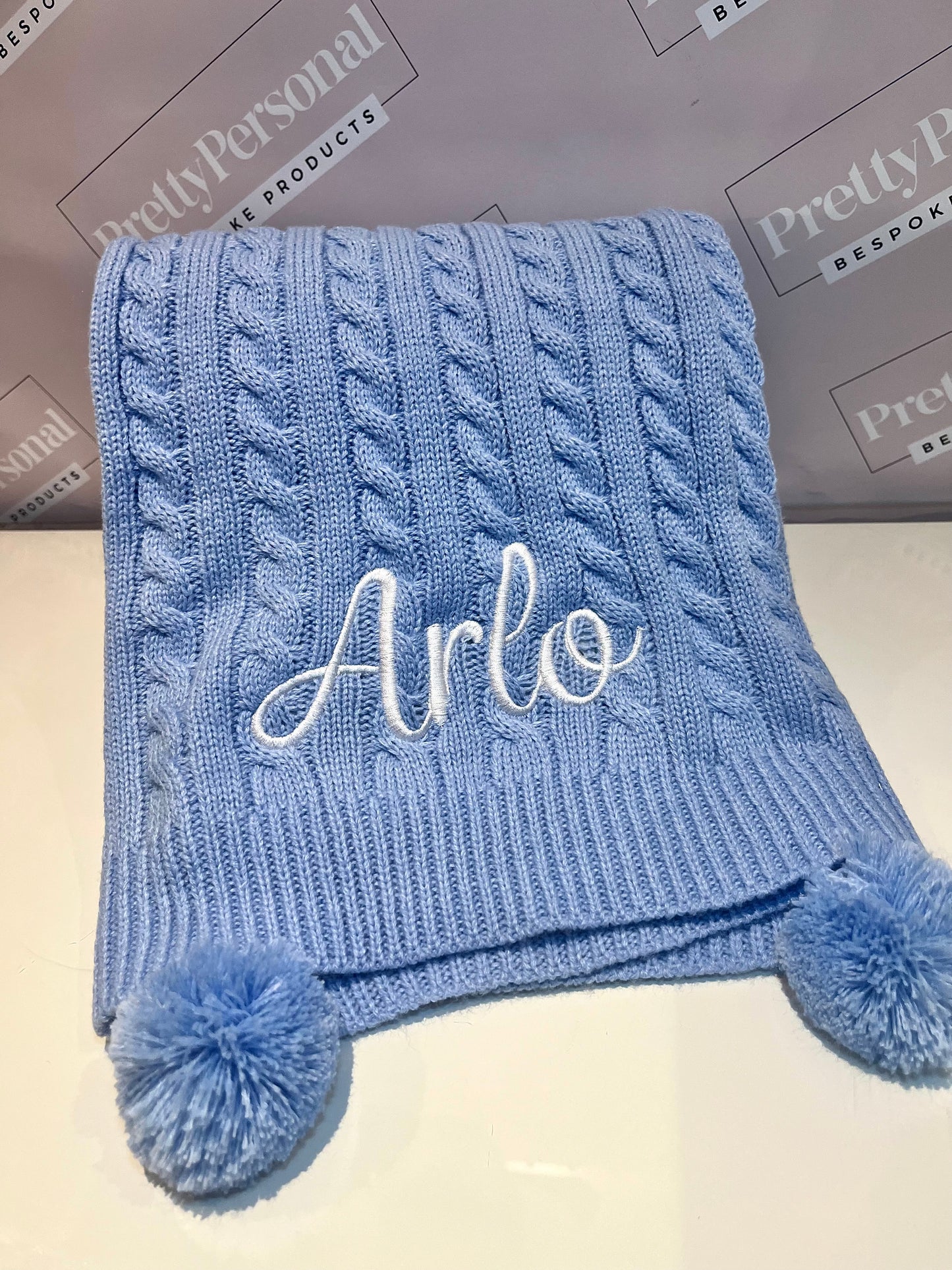 Personalised Double Pom Pom Knitted Blanket - Baby Blue