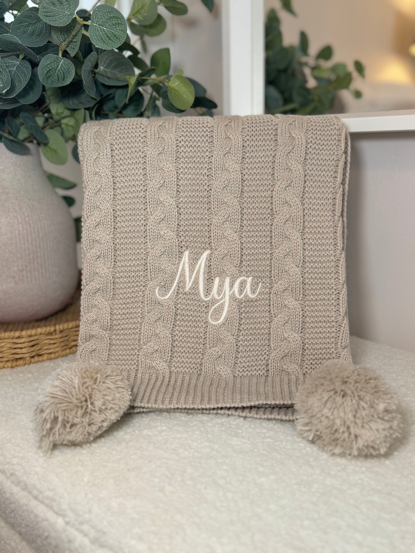 Personalised Double Pom Pom Knitted Blanket - Beige