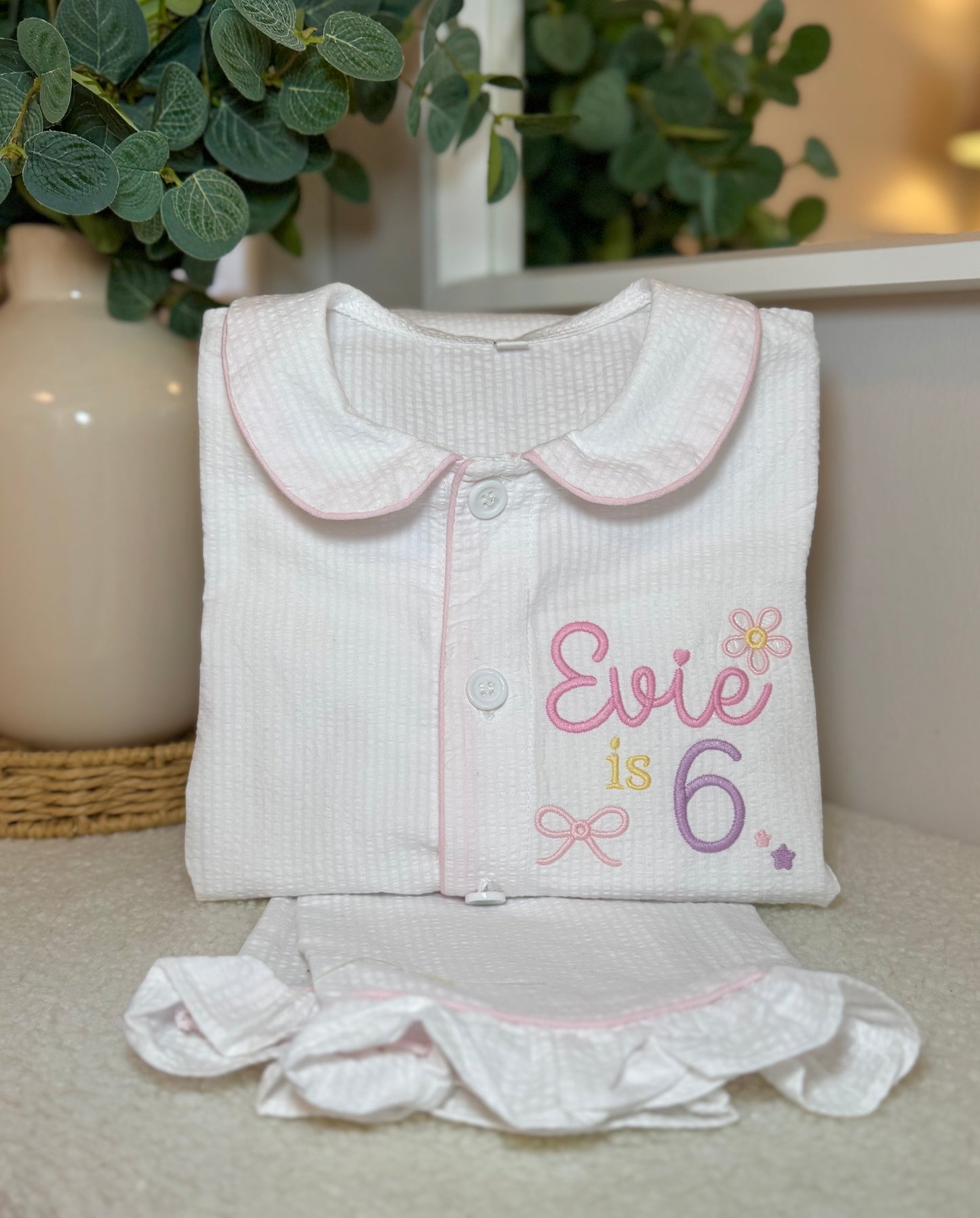 Girls White Frill Seersucker Pjs with pink lining