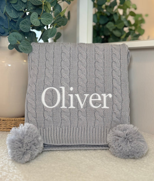 Personalised Double Pom Pom Knitted Blanket - Grey