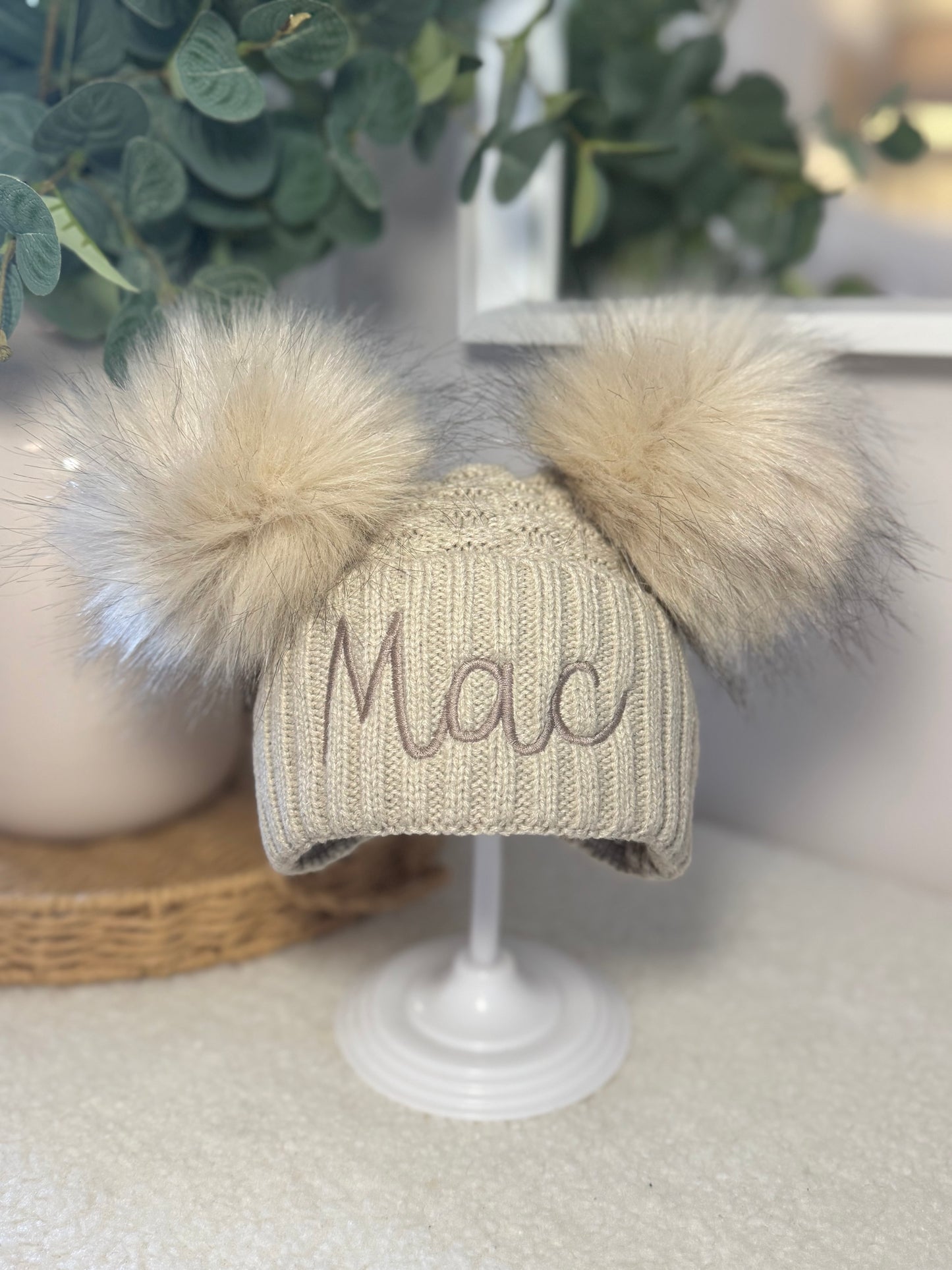 Personalised Double Pom Winter Hat with Embroidered Name - Beige