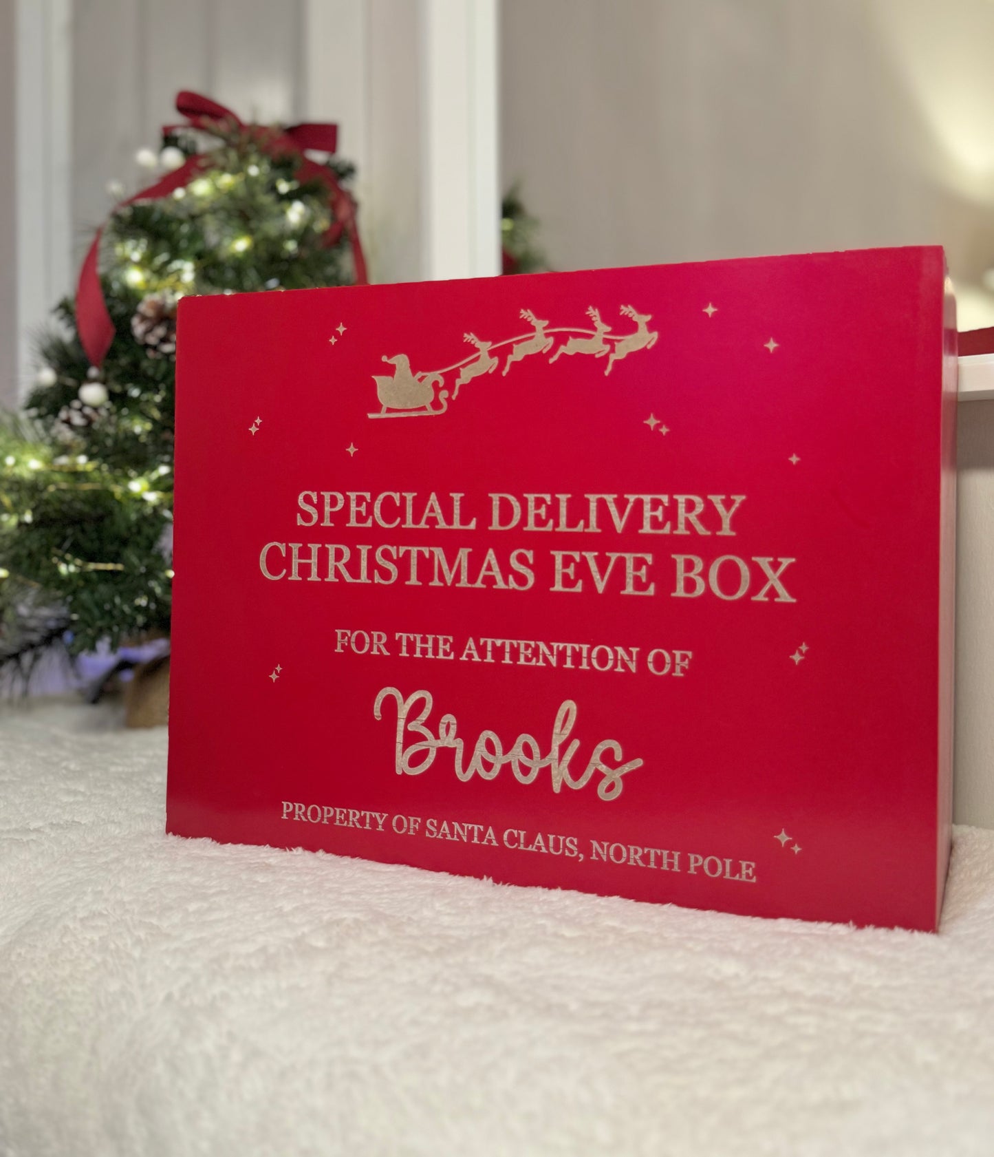 Red Wooden Christmas Eve Box - Laser Engraved