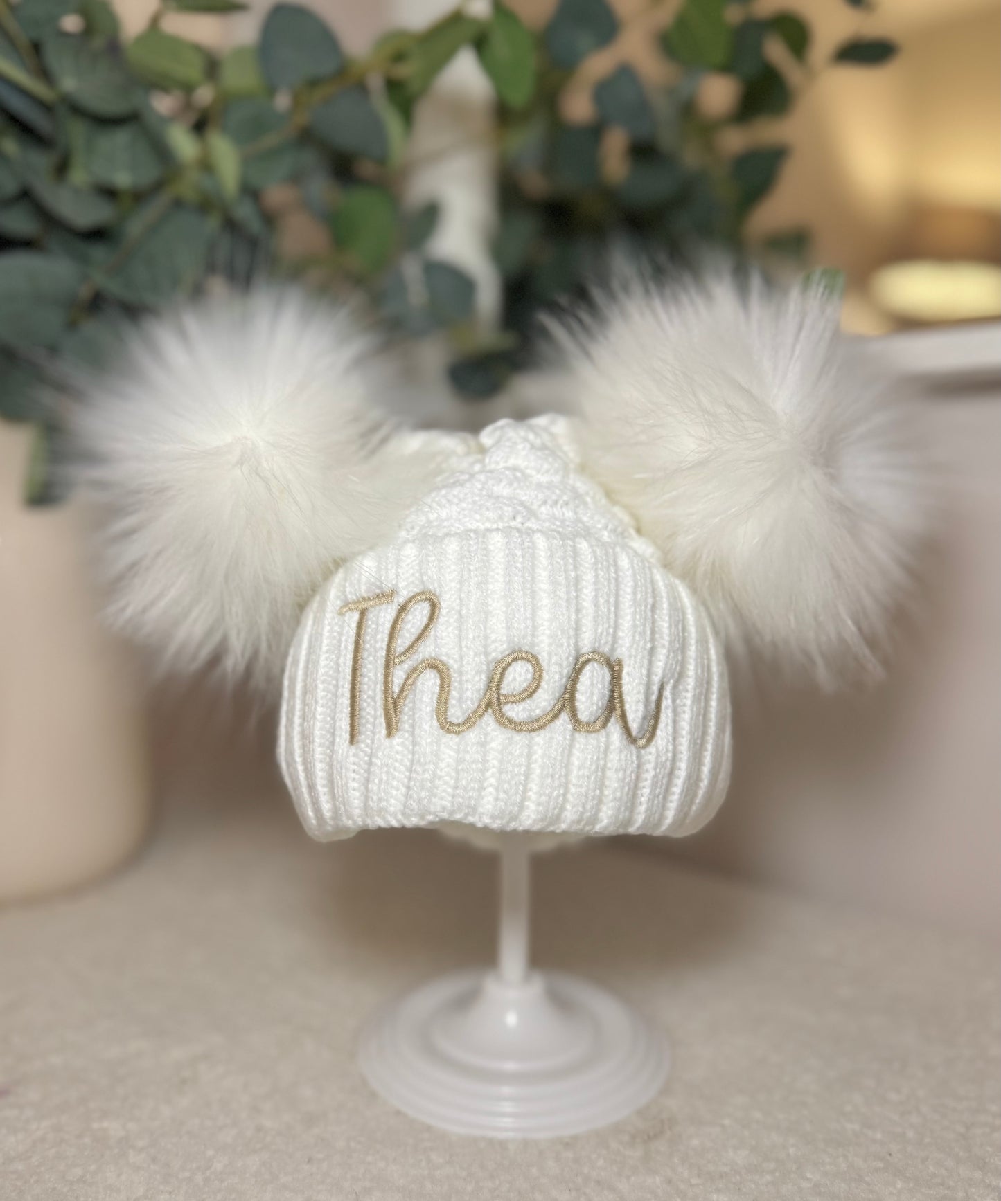 Personalised Double Pom Winter Hat with Embroidered Name - White