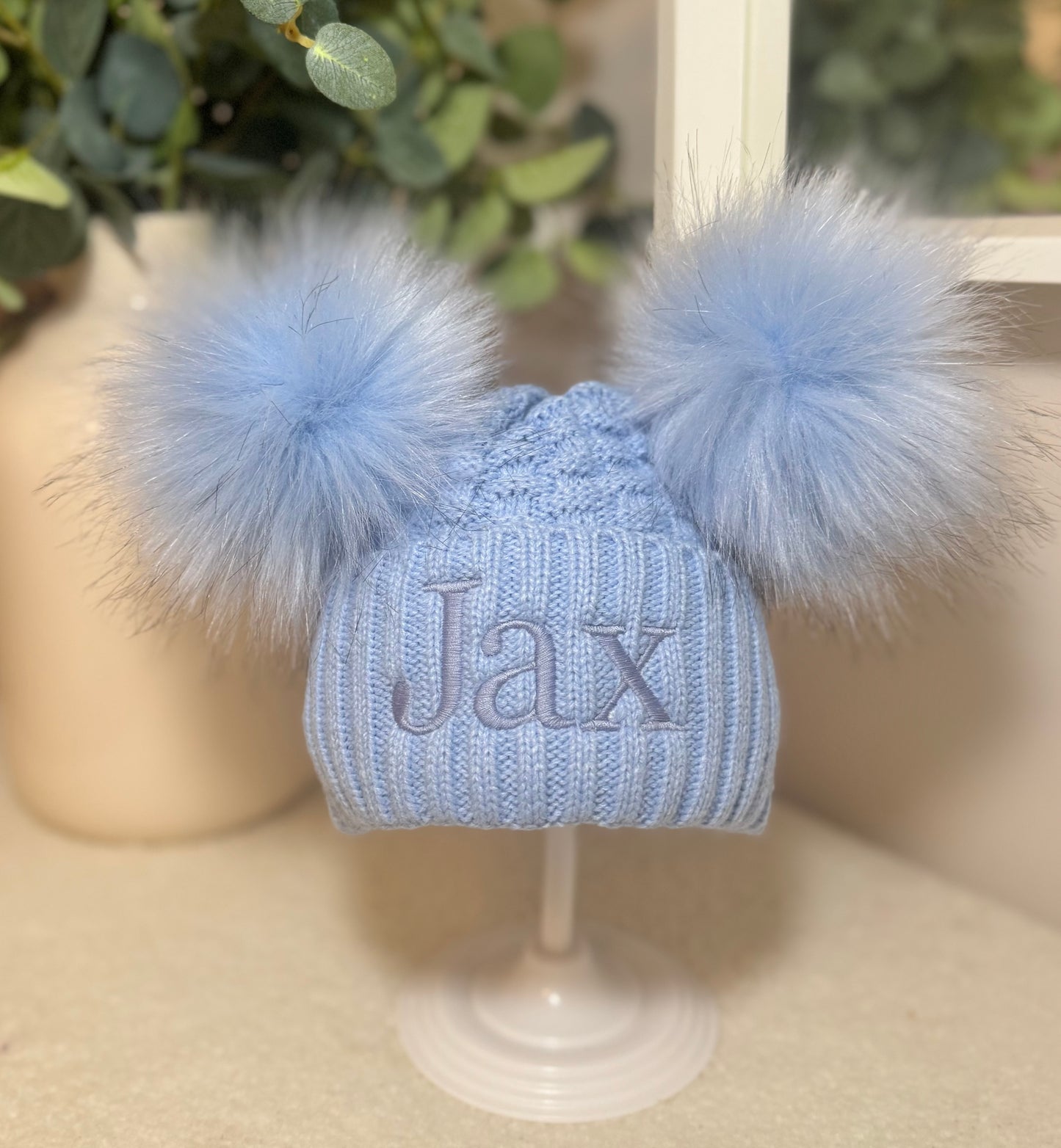 Personalised Double Pom Winter Hat with Embroidered Name - Blue