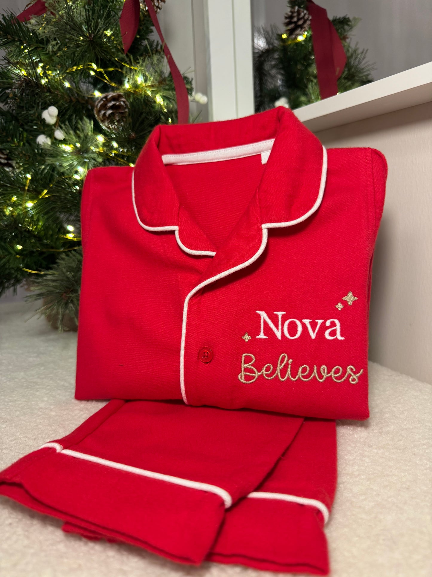 Personalised Children's Christmas Pyjamas - Red  Brushed Cotton