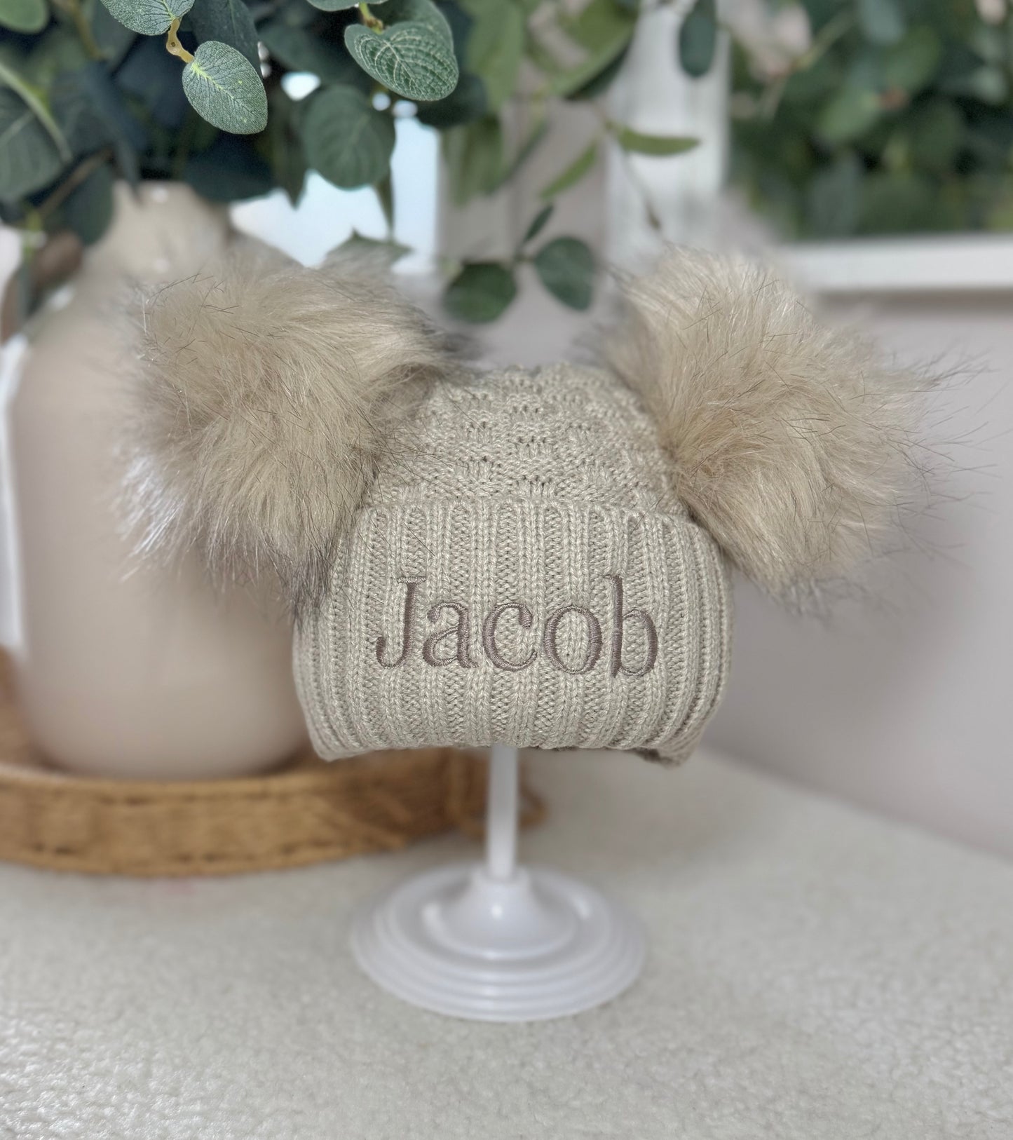 Personalised Double Pom Winter Hat with Embroidered Name - Beige
