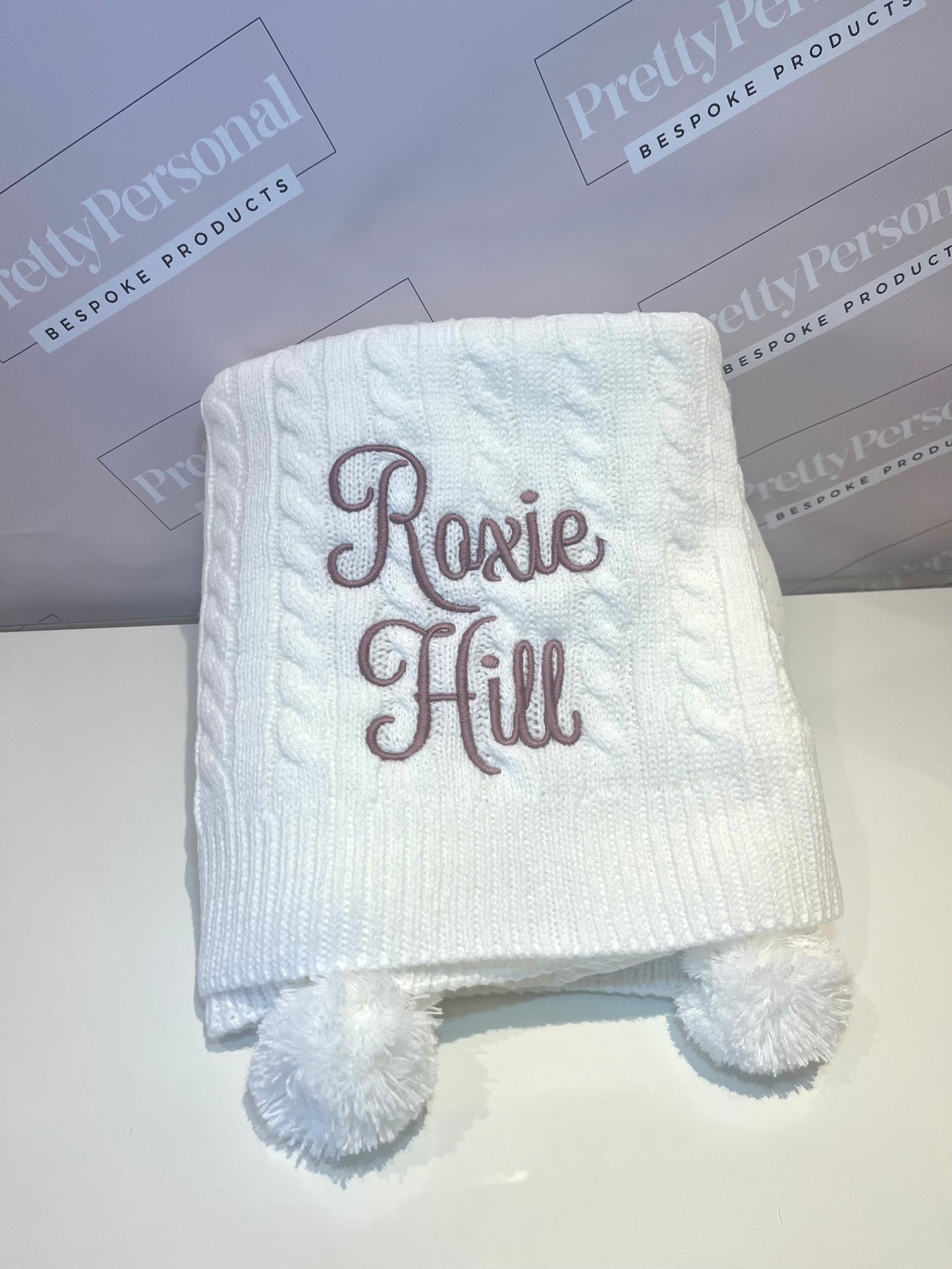 Personalised Double Pom Pom Knitted Blanket - White