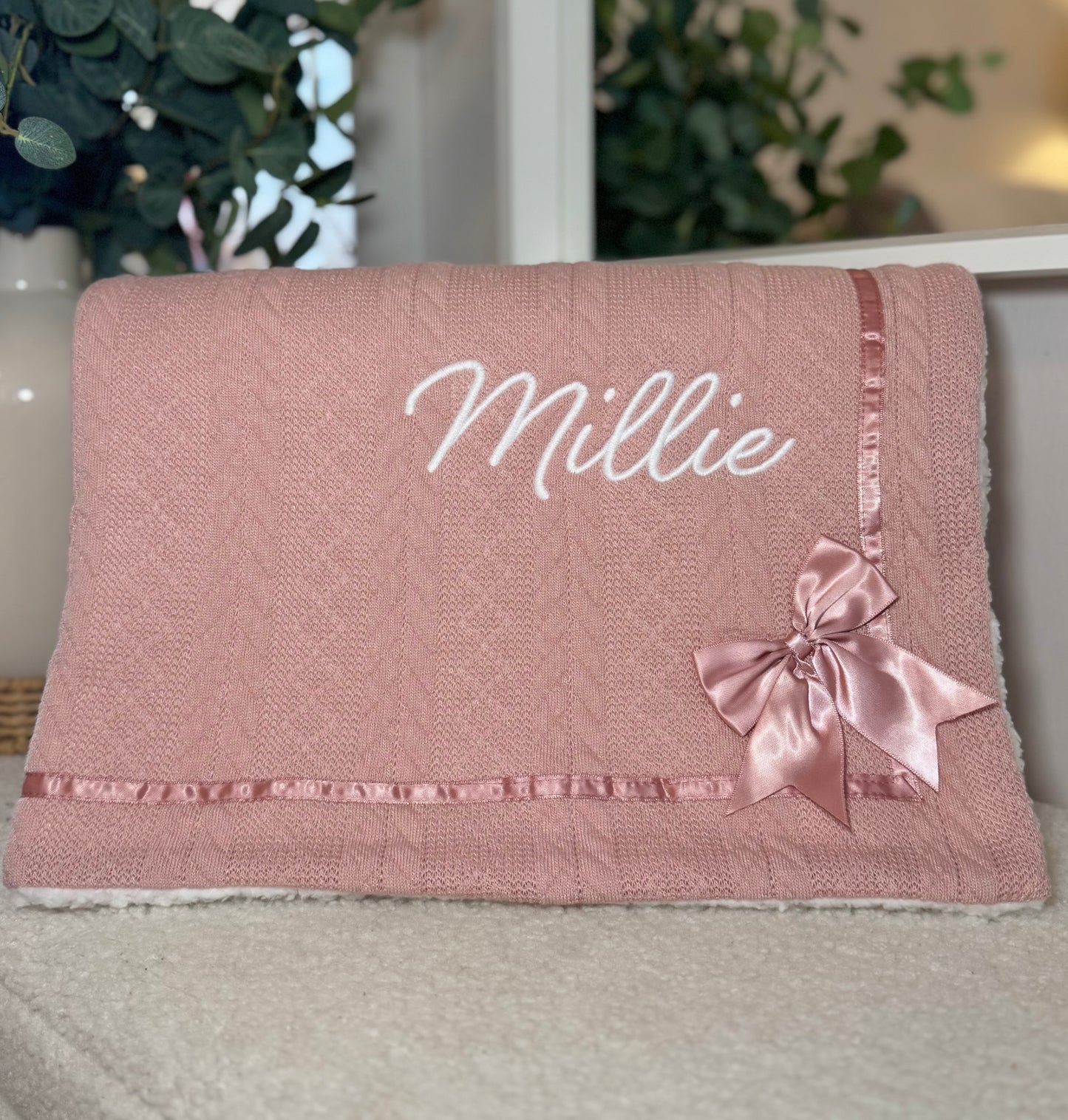 Sherpa Lined Chevron Knit Baby Blanket - Dusky Pink