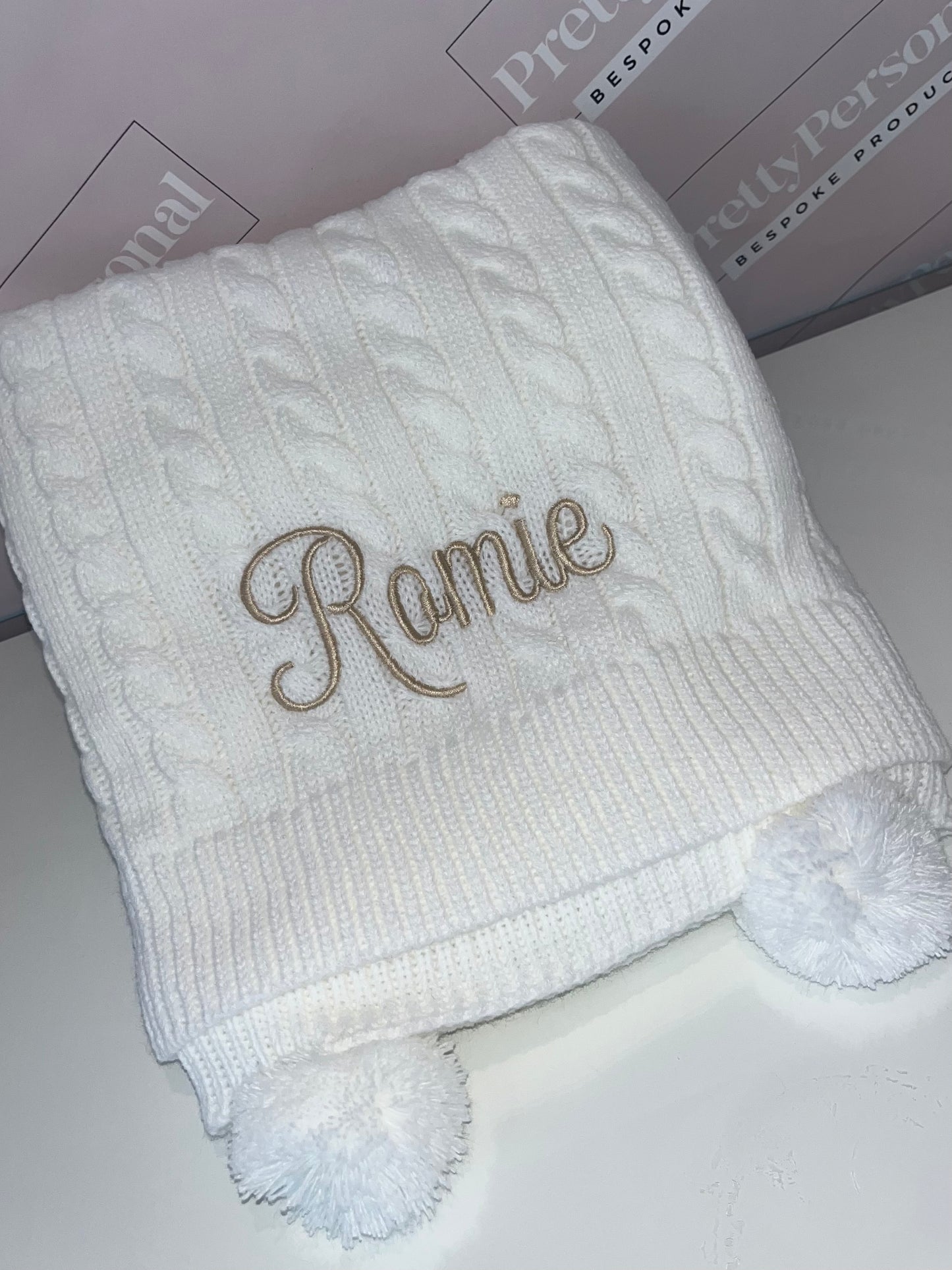 Personalised Double Pom Pom Knitted Blanket - White