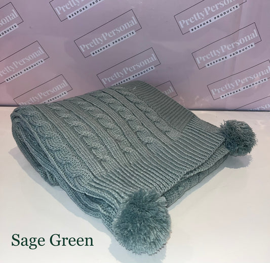 Personalised Double Pom Pom Knitted Blanket - Sage Green