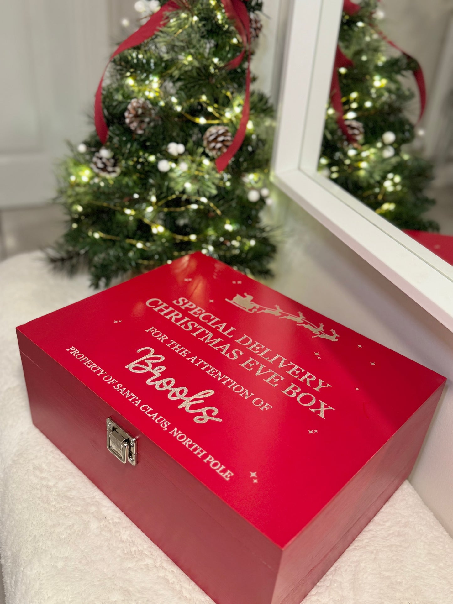 Red Wooden Christmas Eve Box - Laser Engraved