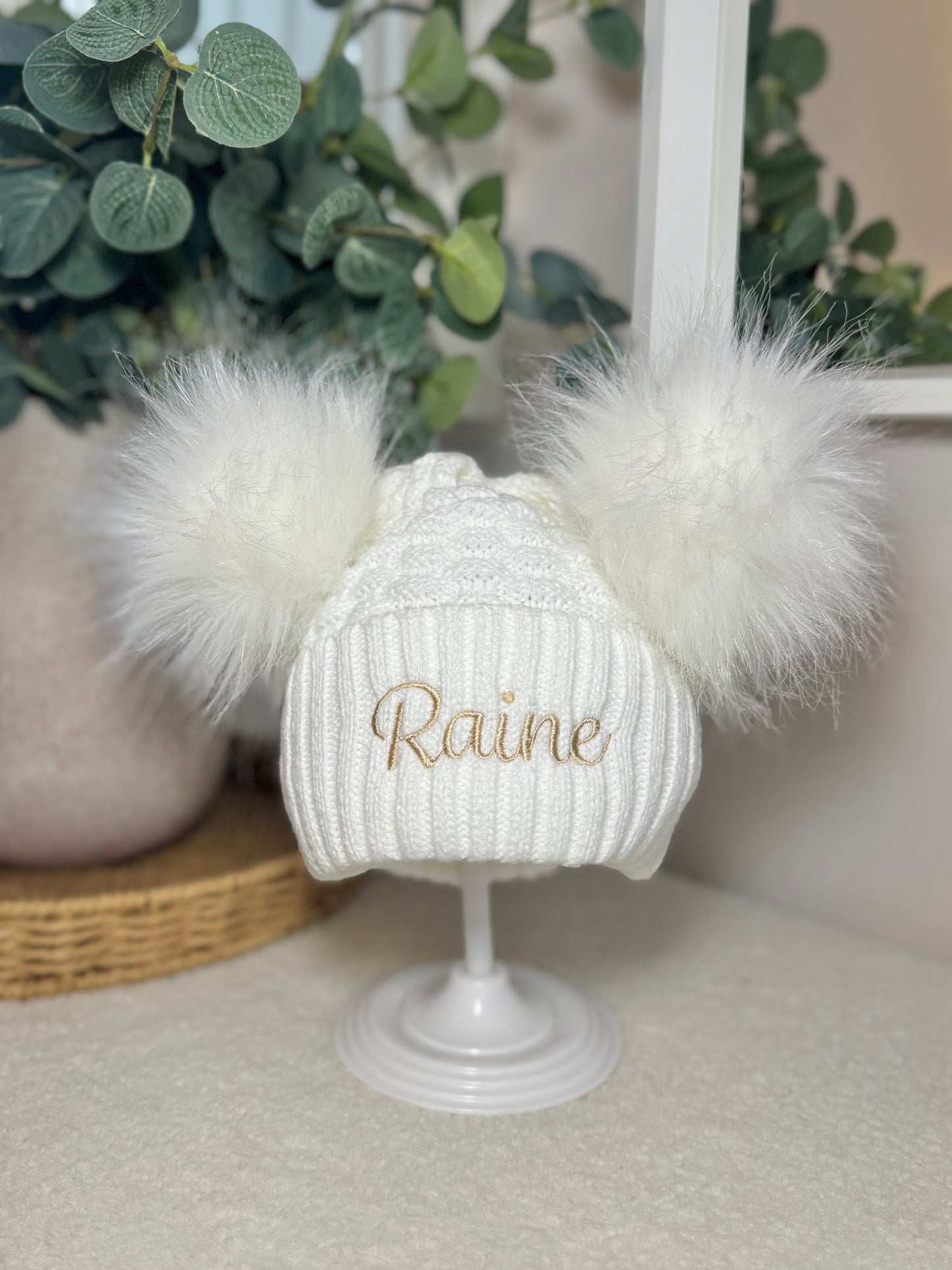 Personalised Double Pom Winter Hat with Embroidered Name - White
