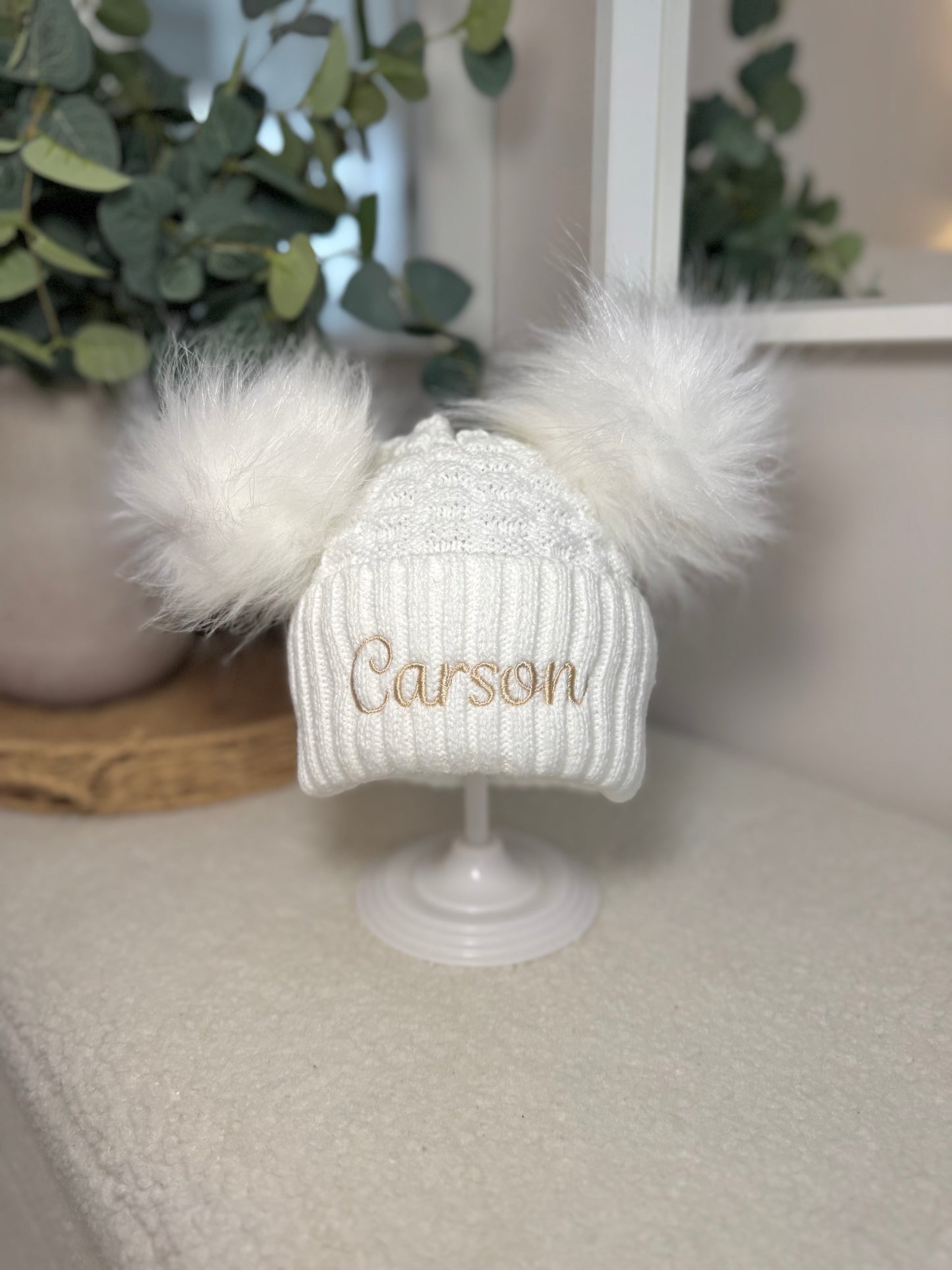 Personalised Double Pom Winter Hat with Embroidered Name - White