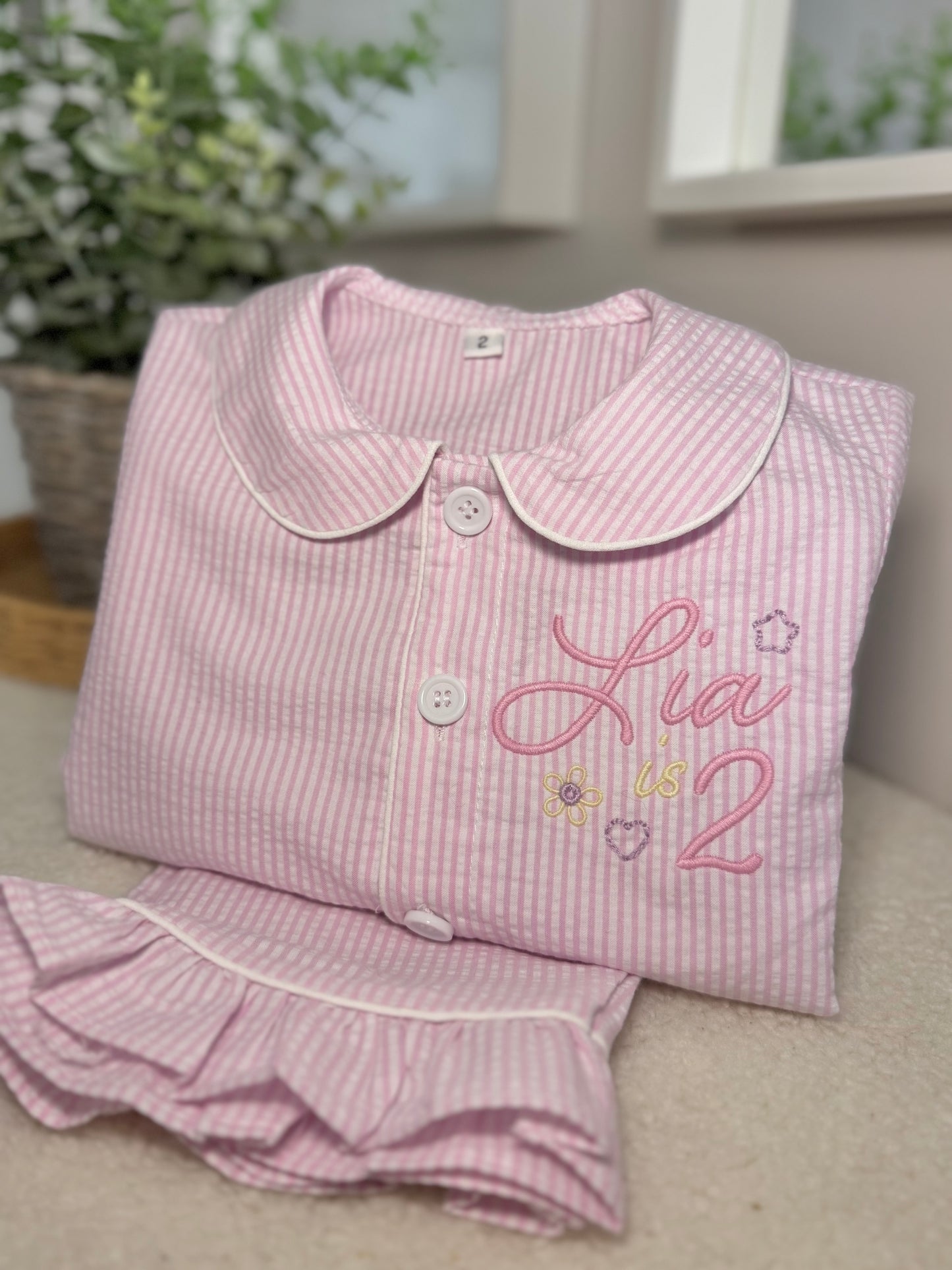 Girls Pink Pinstripe Pjs with frill detail