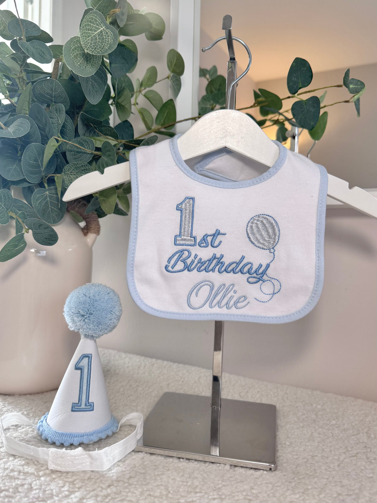 Personalised 1st Birthday Embroidered Bib & Party Hat Set.