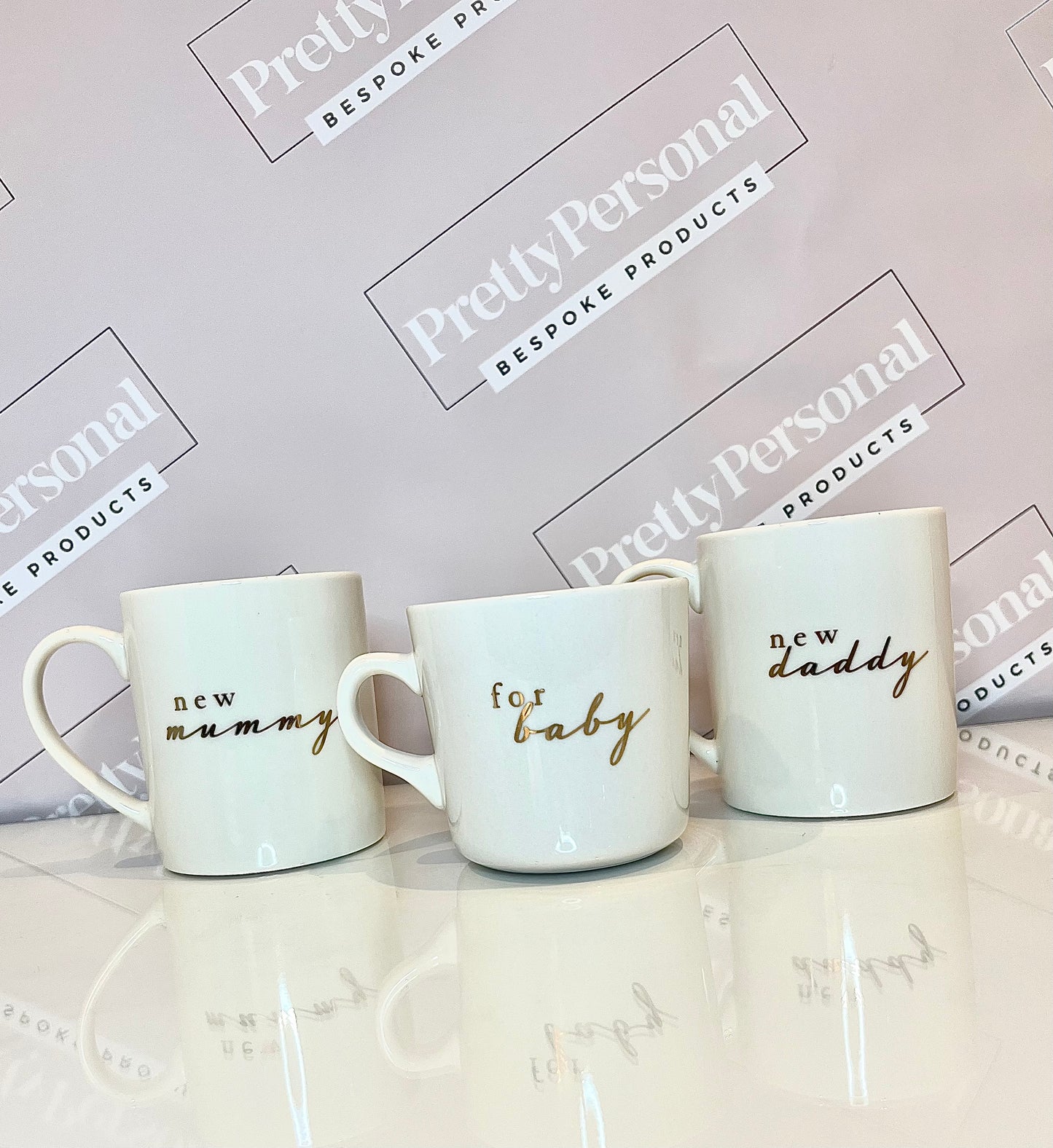 Set of 3 - new family mugs - mummy, daddy & baby