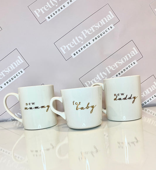 Set of 3 - new family mugs - mummy, daddy & baby