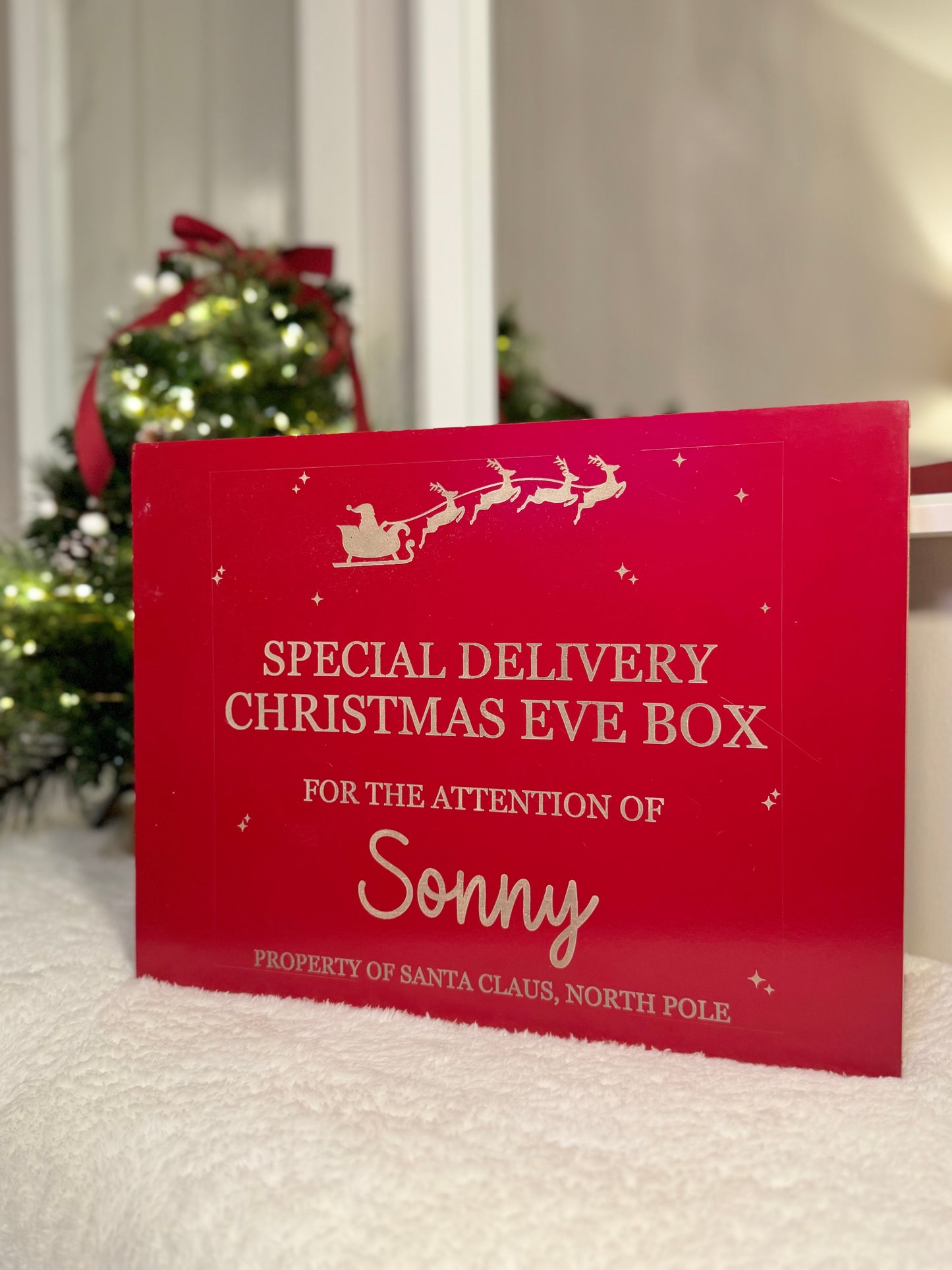 Red Wooden Christmas Eve Box - Laser Engraved