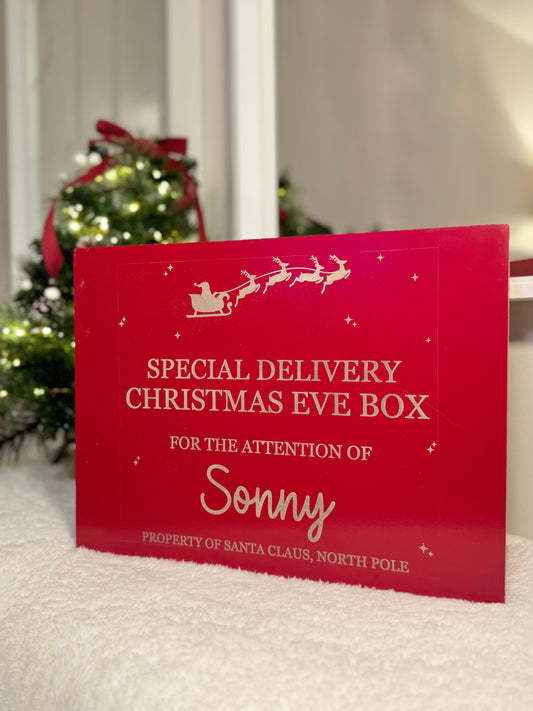 Red Wooden Christmas Eve Box - Laser Engraved