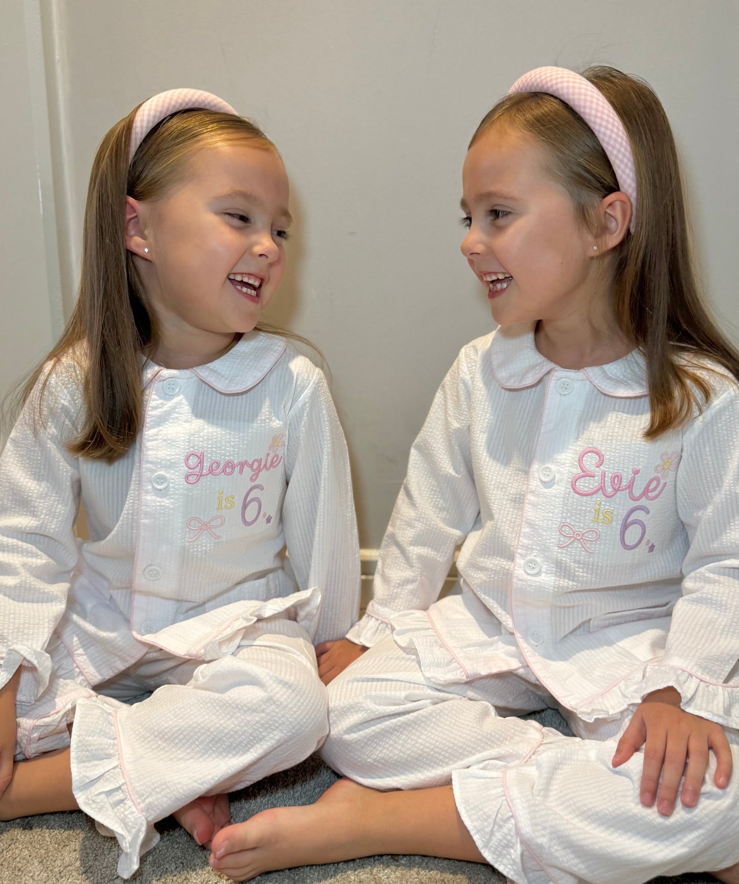 Girls White Frill Seersucker Pjs with pink lining