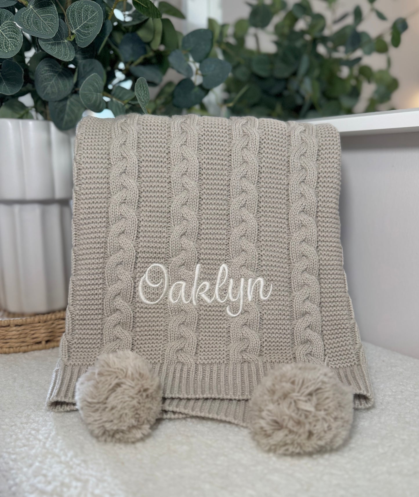 Personalised Double Pom Pom Knitted Blanket - Beige