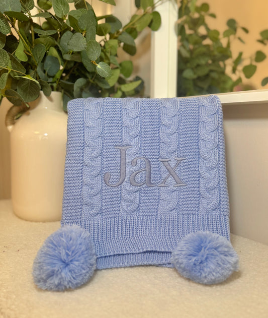 Personalised Double Pom Pom Knitted Blanket - Baby Blue