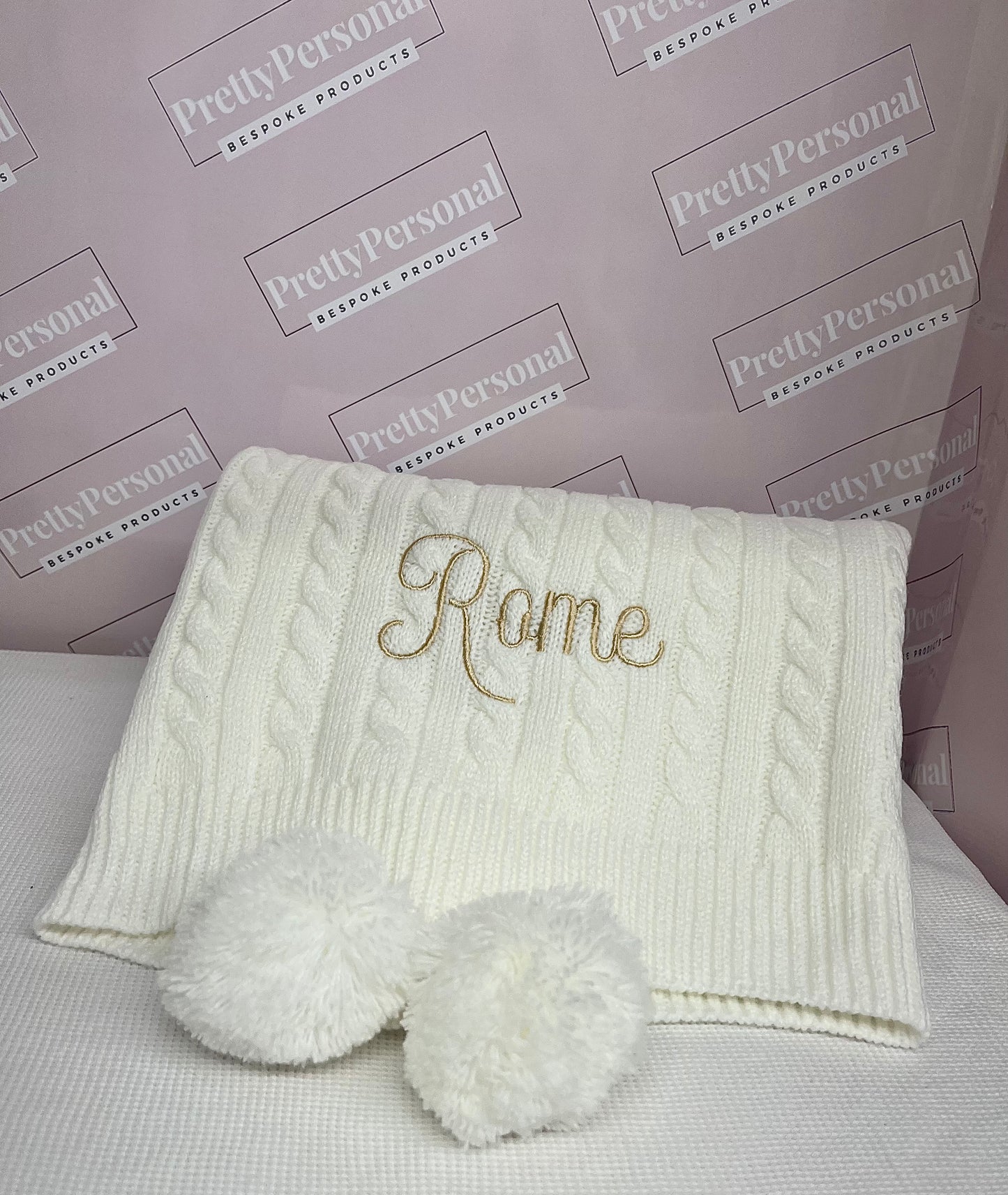 Personalised Double Pom Pom Knitted Blanket - White