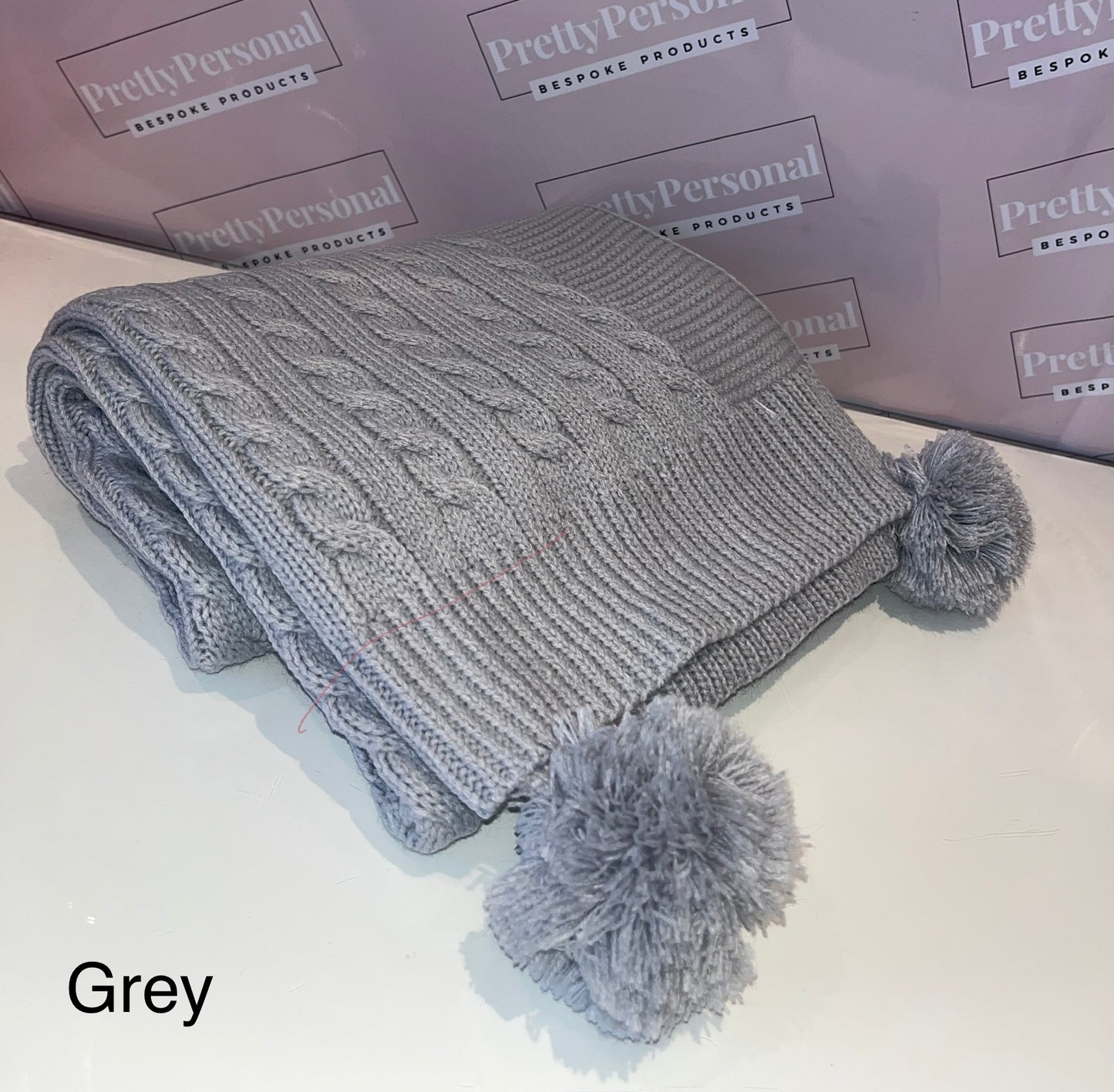 Personalised Double Pom Pom Knitted Blanket - Grey