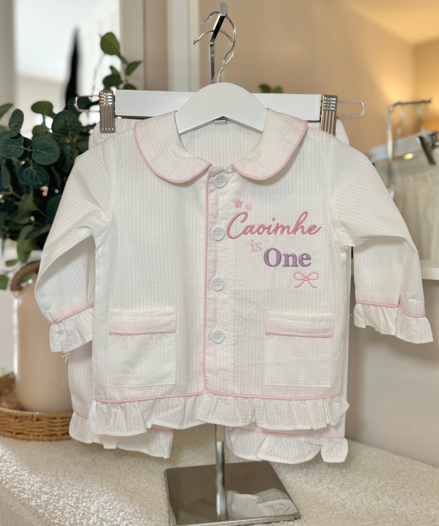 Girls White Frill Seersucker Pjs with pink lining