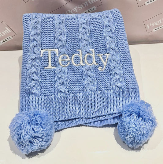 Personalised Double Pom Pom Knitted Blanket - Baby Blue