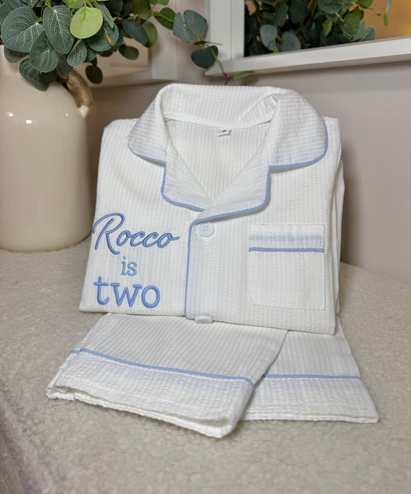 Boys White Seersucker PJs with Pale Blue Lining Detail